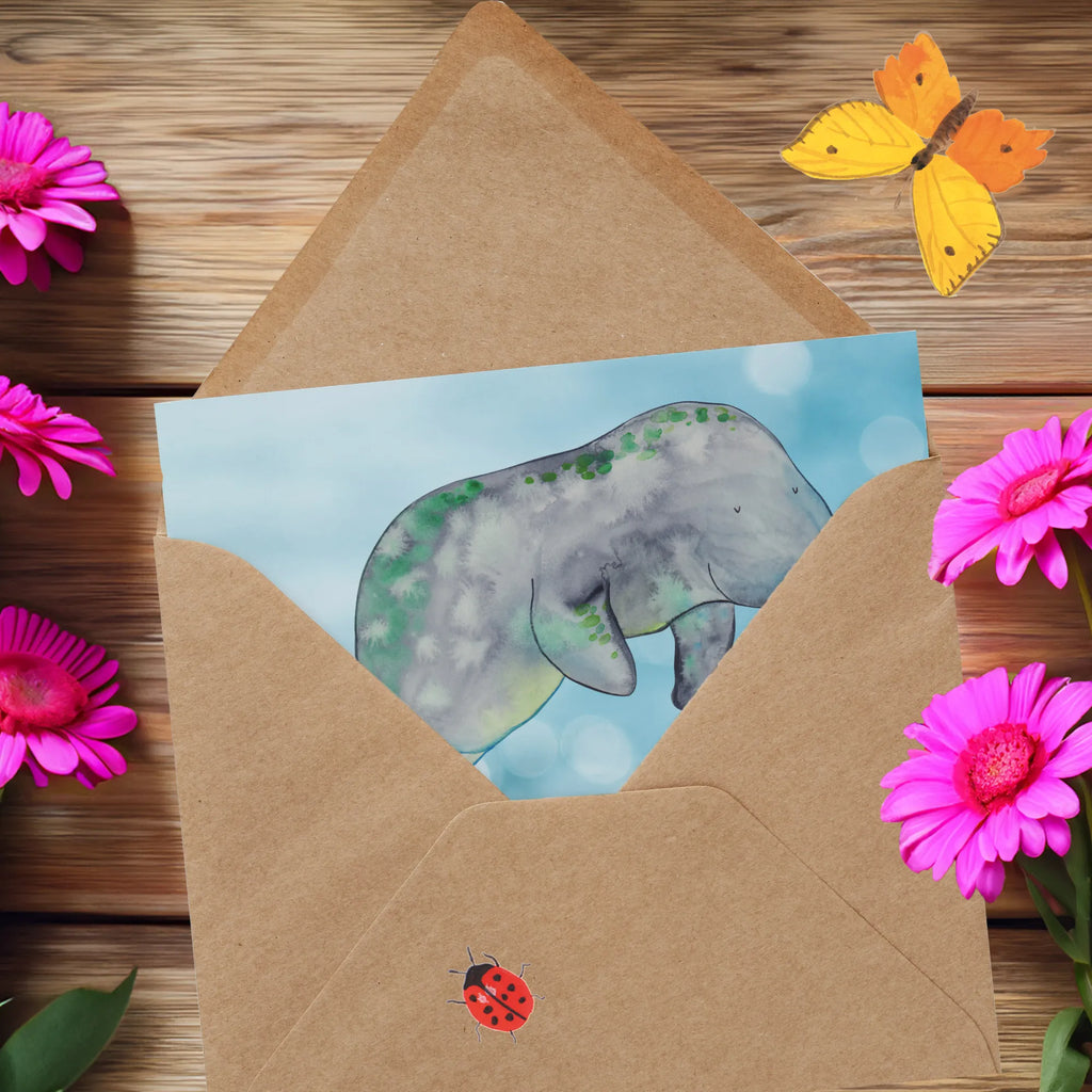 Deluxe Card manatee Relax anlasskarte, Grußkarte, doppelkarte, Klappkarte, faltkarte, Glückwunschkarte, Urlaub, Meerestiere, Meer, Diät, Seekuh, Abnehmen, Diätwahn, Zucker, Süßigkeiten, Essen, Seekühe