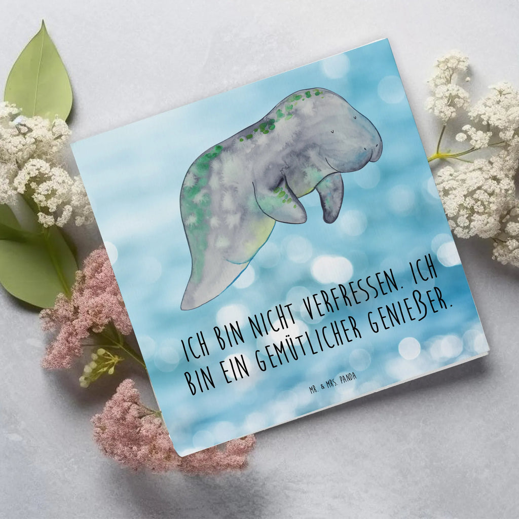 Deluxe Card manatee Relax anlasskarte, Grußkarte, doppelkarte, Klappkarte, faltkarte, Glückwunschkarte, Urlaub, Meerestiere, Meer, Diät, Seekuh, Abnehmen, Diätwahn, Zucker, Süßigkeiten, Essen, Seekühe