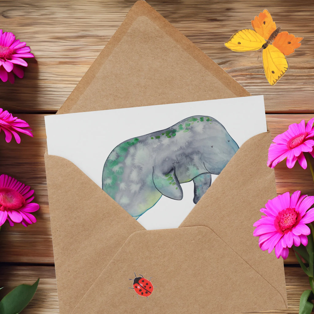 Deluxe Card manatee Relax anlasskarte, Grußkarte, doppelkarte, Klappkarte, faltkarte, Glückwunschkarte, Urlaub, Meerestiere, Meer, Diät, Seekuh, Abnehmen, Diätwahn, Zucker, Süßigkeiten, Essen, Seekühe