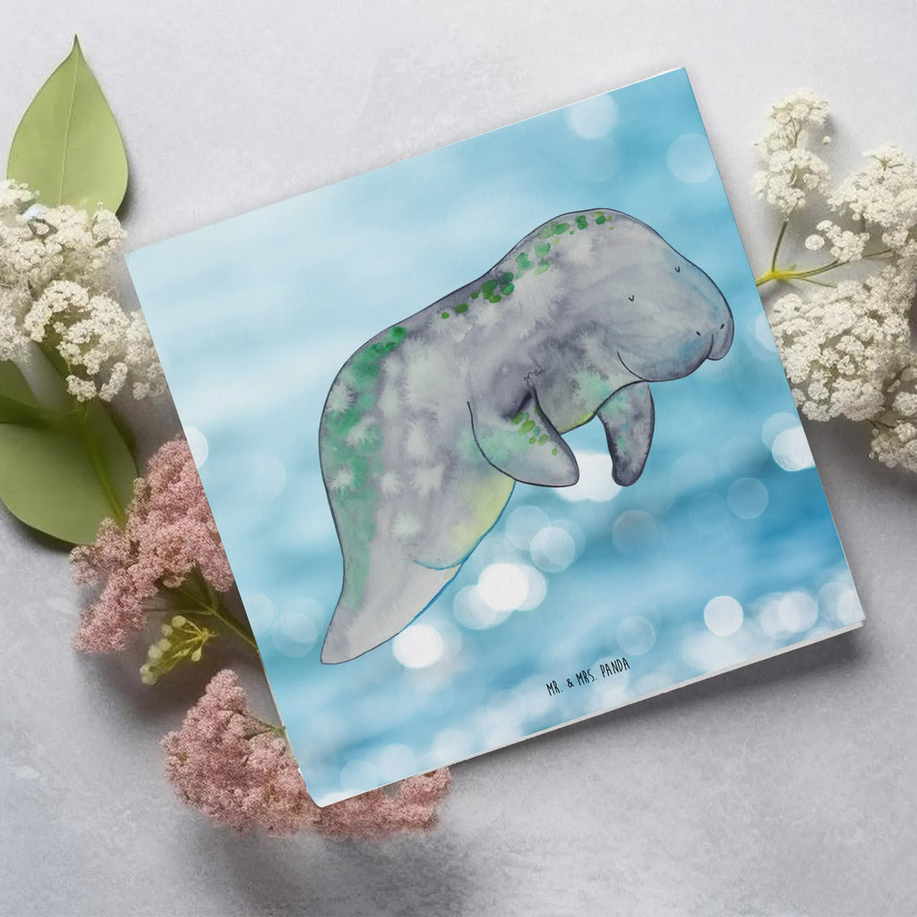 Deluxe Card manatee Relax anlasskarte, Grußkarte, doppelkarte, Klappkarte, faltkarte, Glückwunschkarte, Urlaub, Meerestiere, Meer, Diät, Seekuh, Abnehmen, Diätwahn, Zucker, Süßigkeiten, Essen, Seekühe