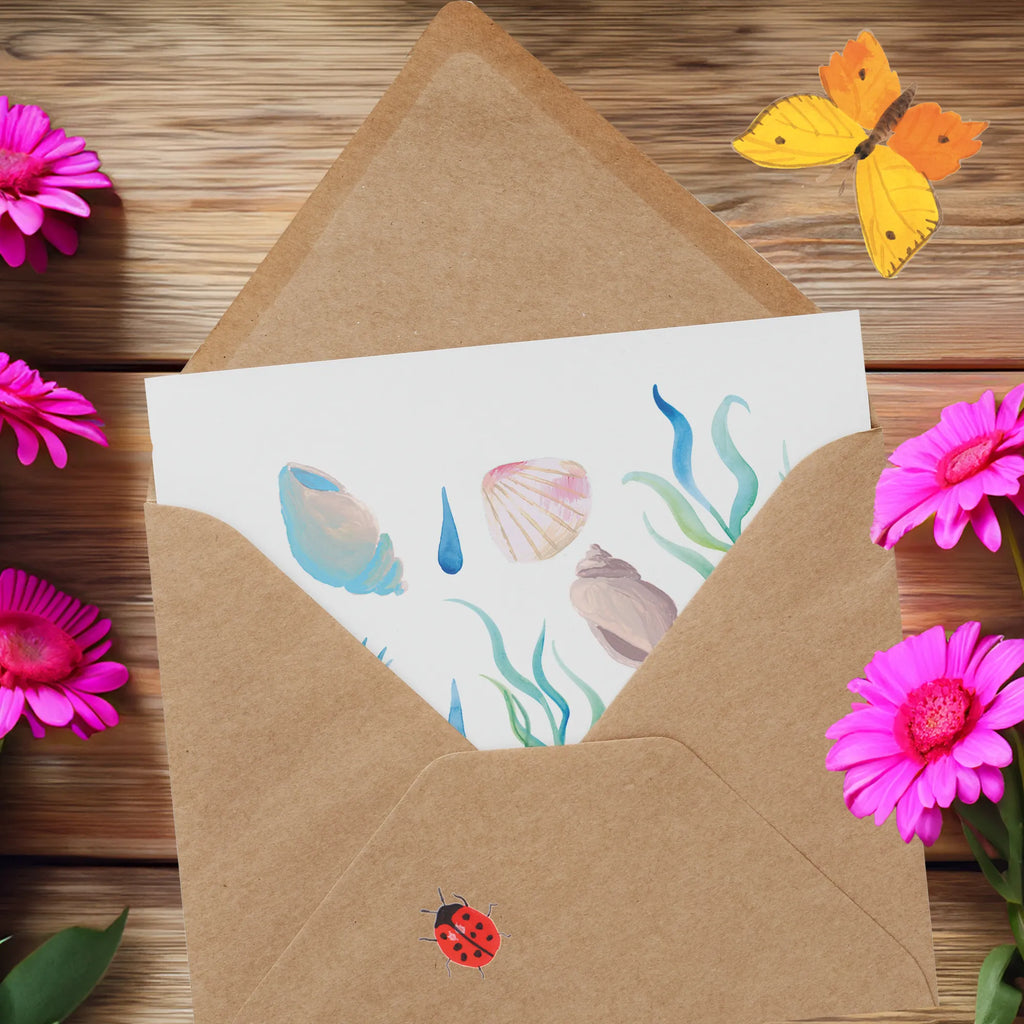 Deluxe Card Sound of the Sea Design Glückwunschkarte, Klappkarte, faltkarte, doppelkarte, anlasskarte, Grußkarte, Muster, Beach, Muscheln, Korallen, Strand, Meer, Maritim, Strand Motive