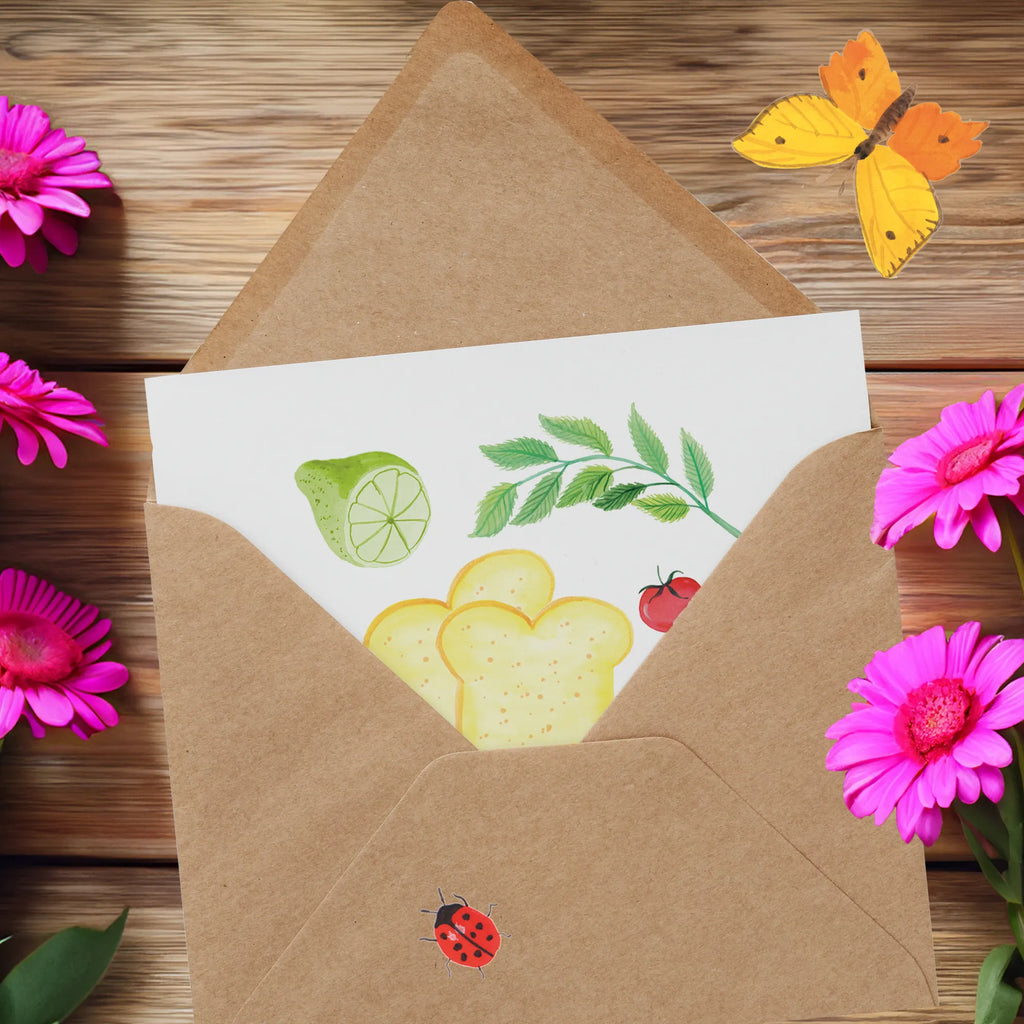 Deluxe Karte Küchenmagie Design Grußkarte, faltkarte, Klappkarte, anlasskarte, doppelkarte, Glückwunschkarte, Aquarell, Limette, Kräuter, Muster, Toastbrot, Tomaten, Küche, Küchenmuster, Kochen, Küchenliebe