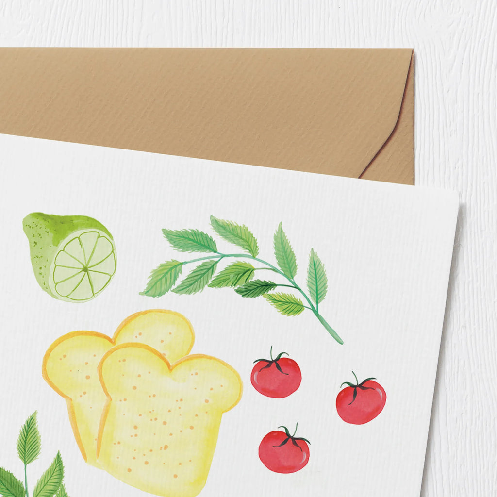 Deluxe Karte Küchenmagie Design Grußkarte, faltkarte, Klappkarte, anlasskarte, doppelkarte, Glückwunschkarte, Aquarell, Limette, Kräuter, Muster, Toastbrot, Tomaten, Küche, Küchenmuster, Kochen, Küchenliebe