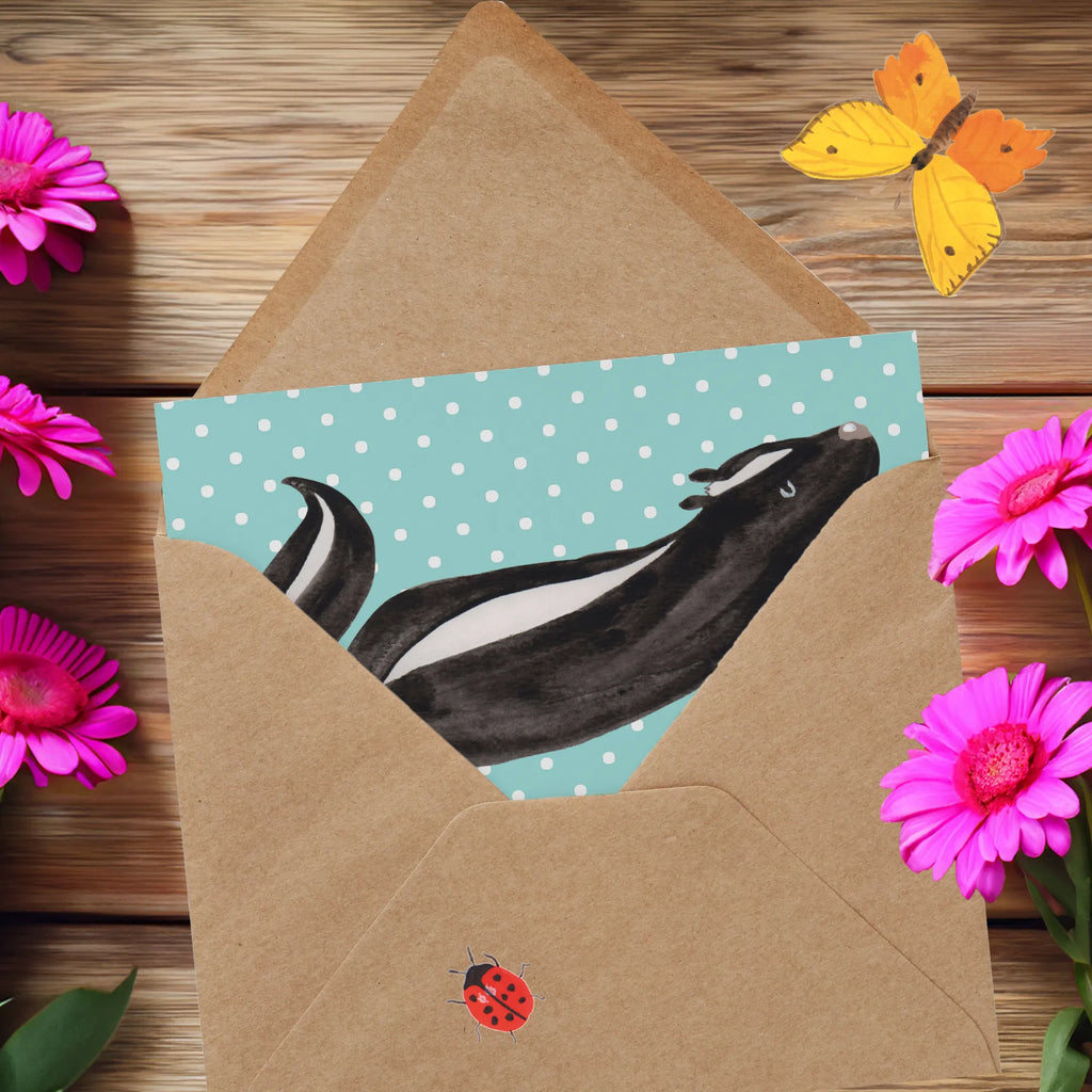 Deluxe Card skunk yoga Glückwunschkarte, doppelkarte, faltkarte, Klappkarte, Grußkarte, anlasskarte, Stinktier, Skunk, Lebe, Stinki, Yoga, Liebe, Lache, Namaste, Wildtier, Raubtier, Stinker