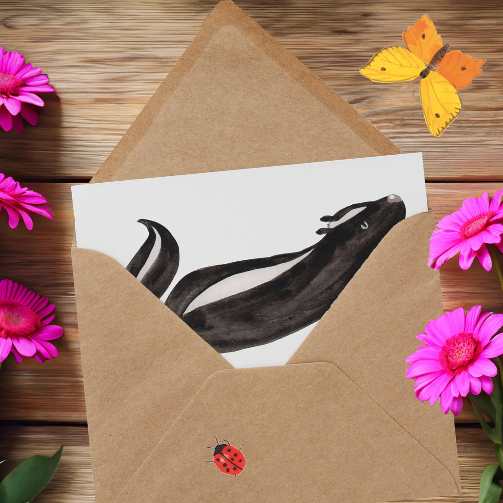 Deluxe Card skunk yoga Glückwunschkarte, doppelkarte, faltkarte, Klappkarte, Grußkarte, anlasskarte, Stinktier, Skunk, Lebe, Stinki, Yoga, Liebe, Lache, Namaste, Wildtier, Raubtier, Stinker