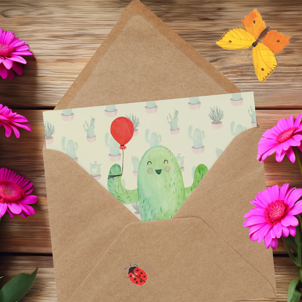 Deluxe Card cactus balloon Klappkarte, Grußkarte, doppelkarte, Glückwunschkarte, faltkarte, anlasskarte, Kakteen, Kaktus, Freund, Prüfung, Freundin, Luftballon, Büroalltag, Neustart, Freude, Büro, Ausbildung, Stress
