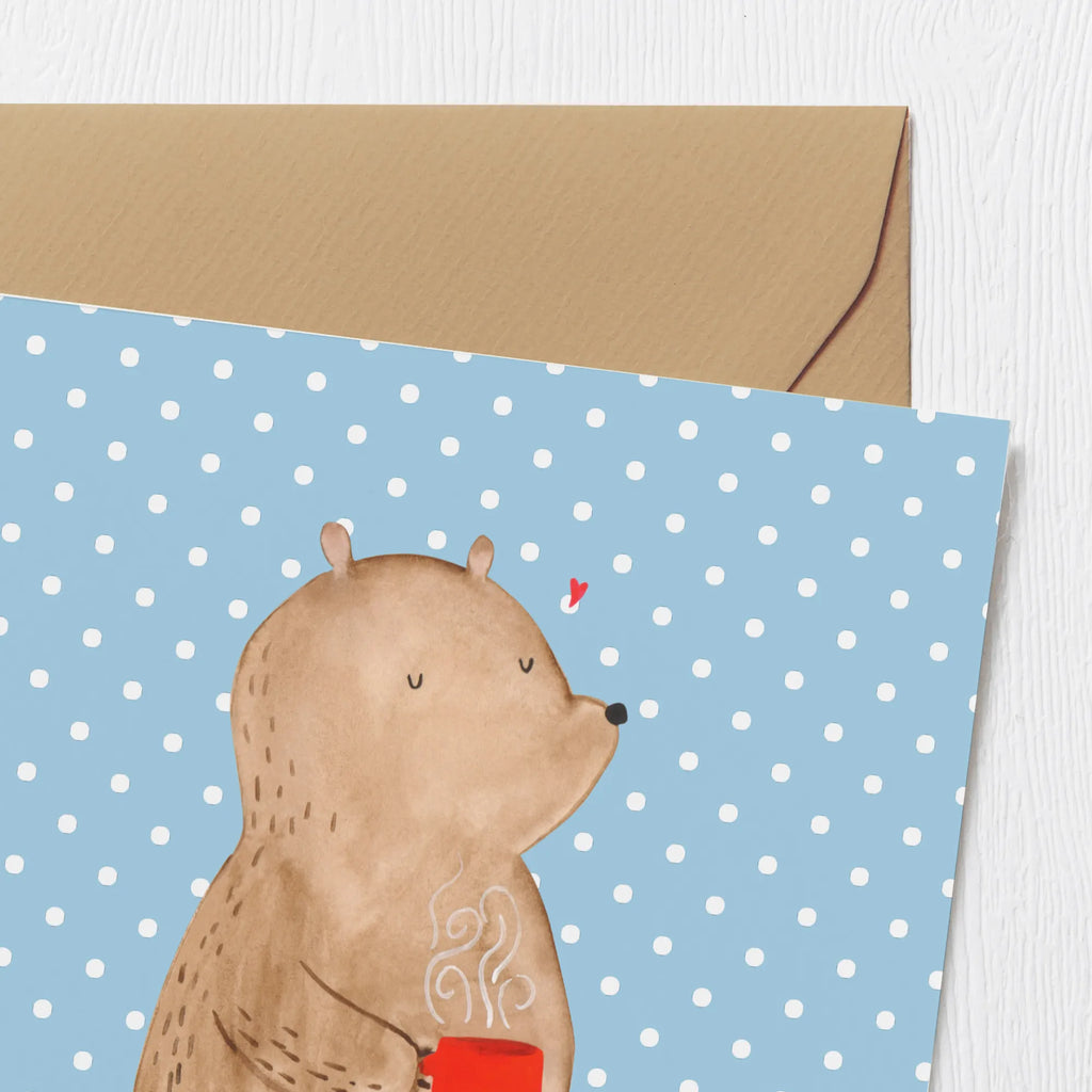 Deluxe Karte Bär Kaffee faltkarte, doppelkarte, Grußkarte, Glückwunschkarte, Klappkarte, Teddy, Bär, Teddybär, Morgenroutine, Welt Erobern, Coffee, Kaffee, Motivation, Guten Morgen, Welt Retten, Bären