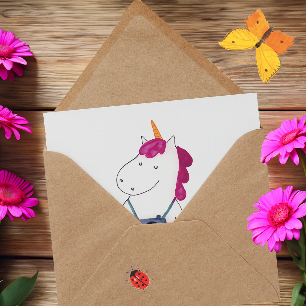 Deluxe Card unicorn photographer Karte, Geburtstagskarte, Glückwunschkarte, Hochzeitskarte, Grußkarte, Einladungskarte, Klappkarte, Hochwertige Grußkarte, Hochwertige Klappkarte, Einhorn, Einhörner, Einhorn Deko, Unicorn, Reisen, Fotografie, Weltreise, Kurztrip, Weltenbummler, Urlaub, Tourist, Kamera, Fotograf, Reise, Städtereise