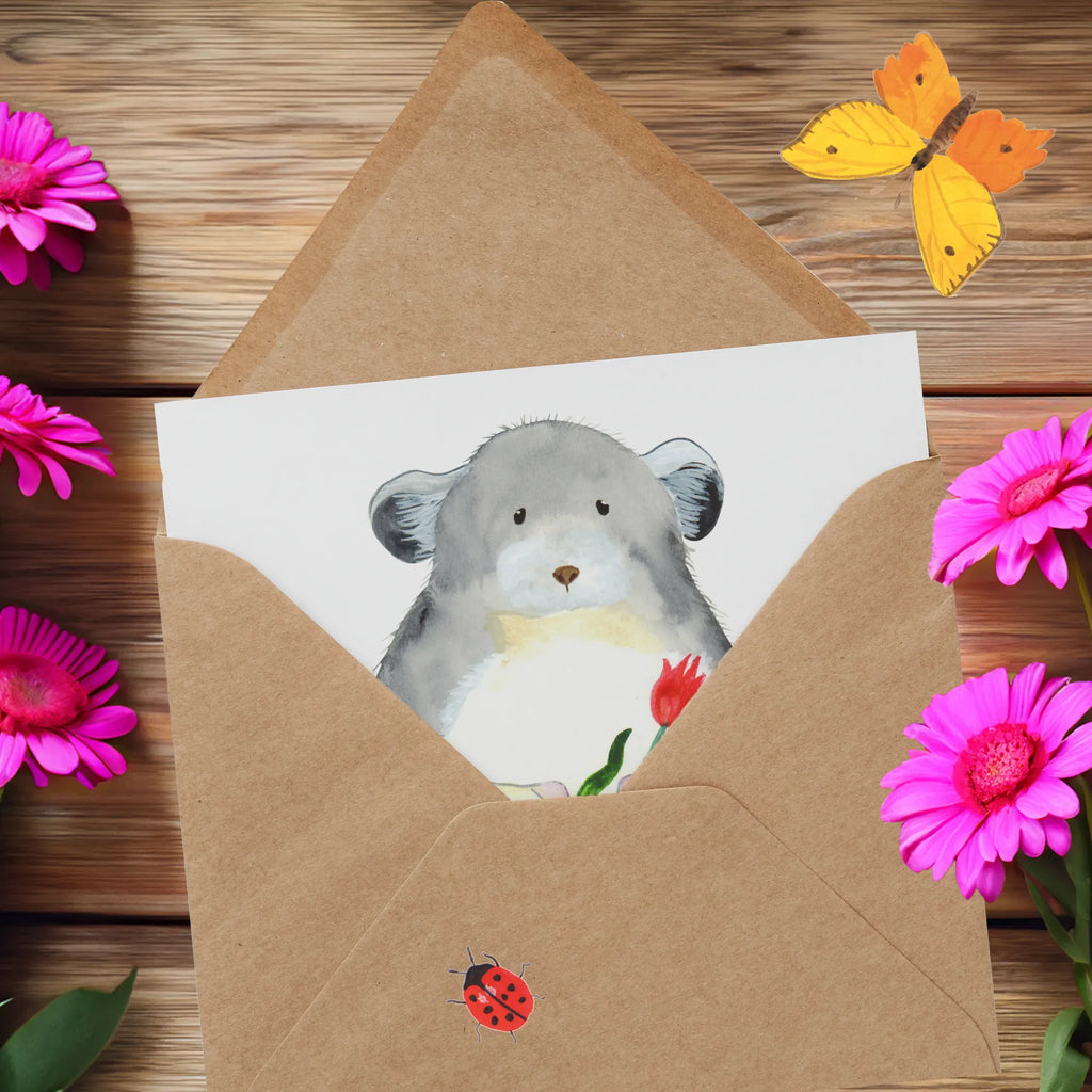 Deluxe Karte Chinchilla Blume Klappkarte, Hochwertige Klappkarte, Karte, Geburtstagskarte, Hochzeitskarte, Grußkarte, Glückwunschkarte, Einladungskarte, Hochwertige Grußkarte, Tiermotive, Gute Laune, lustige Sprüche, Tiere, Liebeskummer, Büroalltag, Chinchilla, Chaos, Glücklichsein, traurig sein, Chinchillas, Depressionen, Kummer, Büro