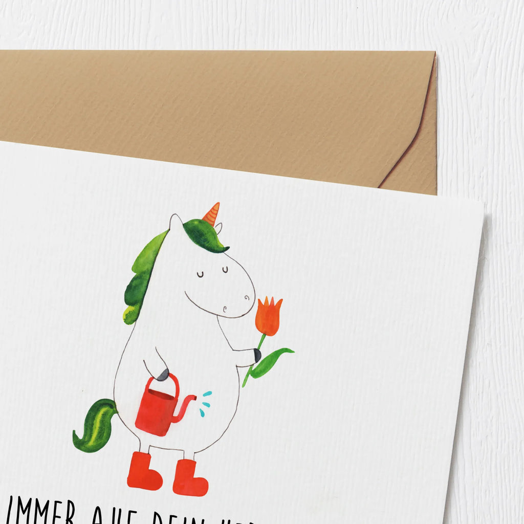 Deluxe Karte Einhorn Gärtner Klappkarte, Karte, Glückwunschkarte, Geburtstagskarte, Hochwertige Klappkarte, Hochzeitskarte, Hochwertige Grußkarte, Grußkarte, Einladungskarte, Einhorn, Einhörner, Einhorn Deko, Unicorn, Luftballon, Freude, Blume, Giesskanne, Stiefel, Lebenslust, Garten, Freundin, Gießkanne