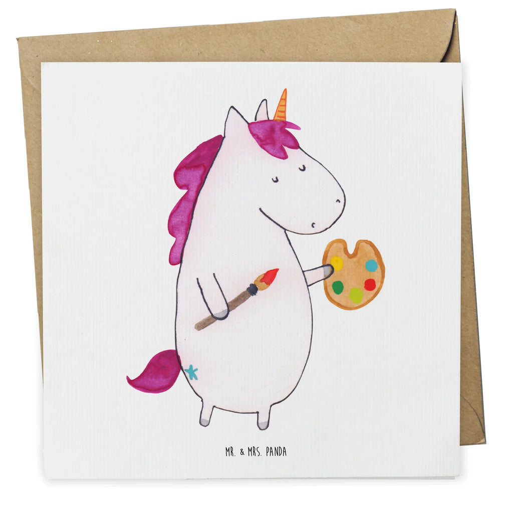 Deluxe Karte Einhorn Künstler Grußkarte, Glückwunschkarte, Geburtstagskarte, Karte, Hochwertige Grußkarte, Hochwertige Klappkarte, Einladungskarte, Hochzeitskarte, Klappkarte, Einhorn, Einhörner, Einhorn Deko, Unicorn, Stift, Geschenk, Künstler, Artist, Maler, Welt, Farbe, Malen, Pinsel, Zeichnen, Englisch