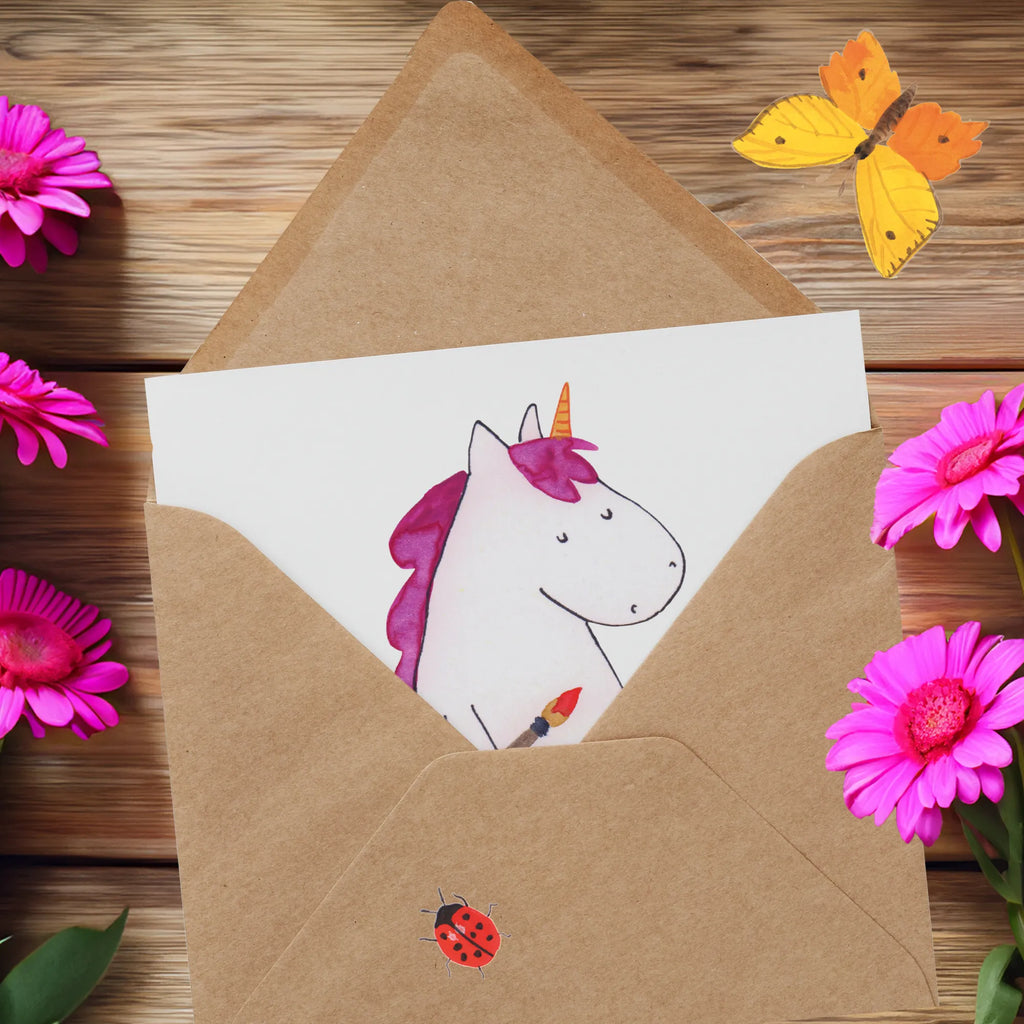 Deluxe Karte Einhorn Künstler Grußkarte, Glückwunschkarte, Geburtstagskarte, Karte, Hochwertige Grußkarte, Hochwertige Klappkarte, Einladungskarte, Hochzeitskarte, Klappkarte, Einhorn, Einhörner, Einhorn Deko, Unicorn, Stift, Geschenk, Künstler, Artist, Maler, Welt, Farbe, Malen, Pinsel, Zeichnen, Englisch