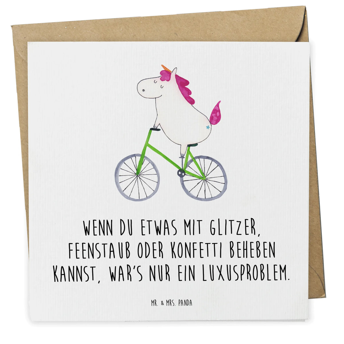Deluxe Card unicorn cyclist doppelkarte, Grußkarte, Glückwunschkarte, Klappkarte, faltkarte, anlasskarte, Unicorn, Einhorn, Einhörner, Einhorn Deko, Radfahren, Konfetti, Feenstaub, Luxusproblem, Bike, Radfahrer, Rad, Kummer, Liebeskummer