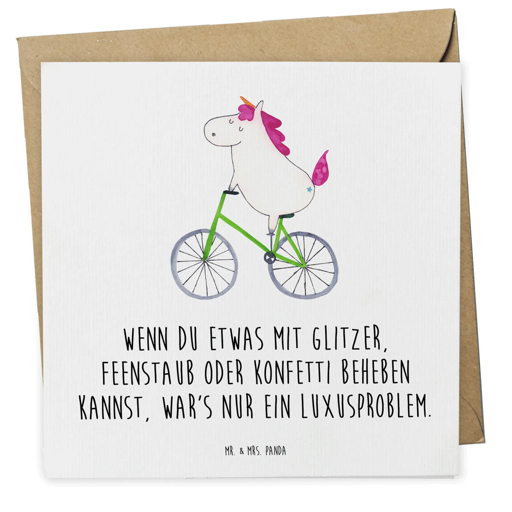 Deluxe Karte Einhorn Radfahrer Hochwertige Klappkarte, Karte, Glückwunschkarte, Klappkarte, Hochzeitskarte, Einladungskarte, Hochwertige Grußkarte, Geburtstagskarte, Grußkarte, Einhorn, Einhörner, Einhorn Deko, Unicorn, Liebeskummer, Kummer, Luxusproblem, Bike, Radfahren, Rad, Radfahrer, Feenstaub, Konfetti