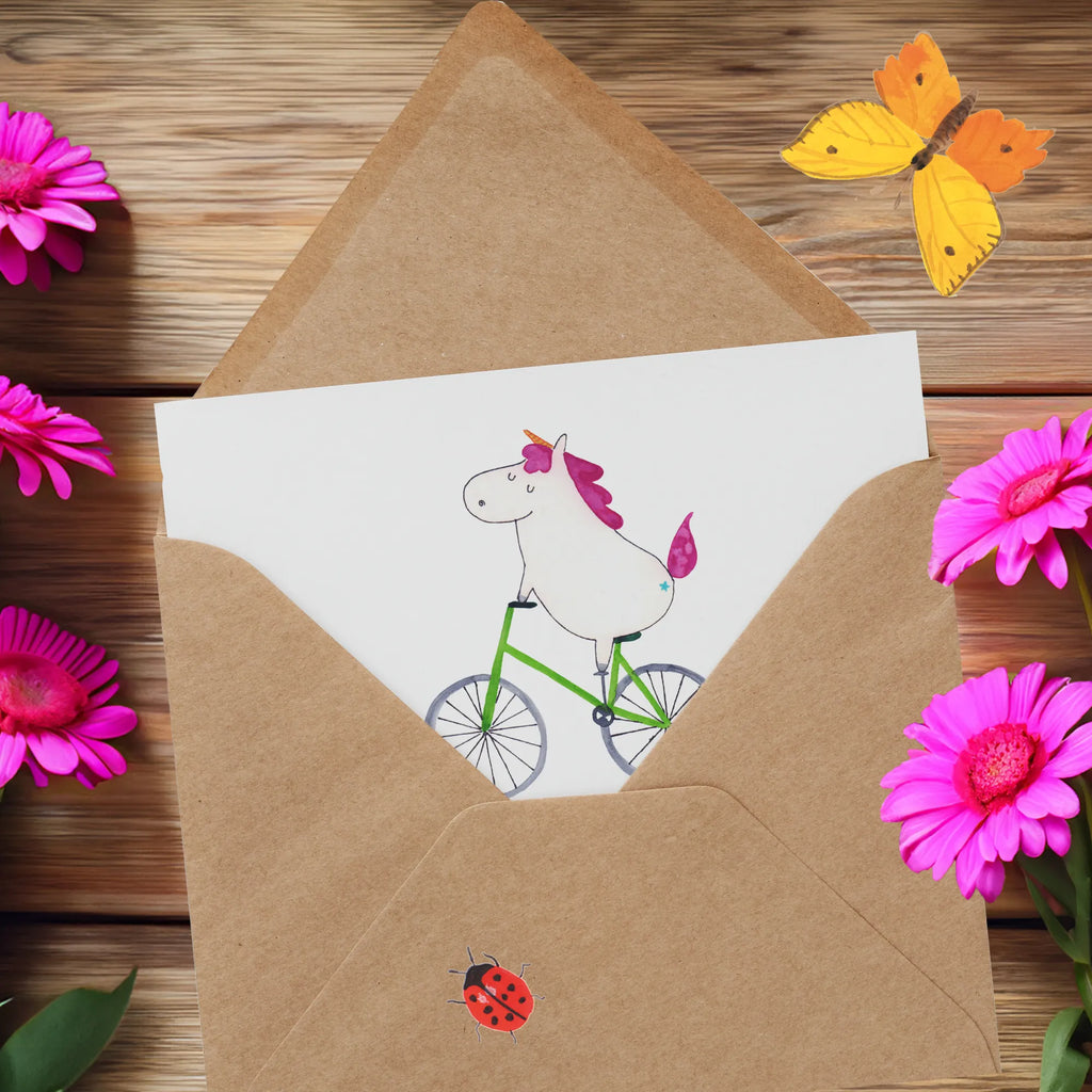 Deluxe Karte Einhorn Radfahrer Hochwertige Klappkarte, Karte, Glückwunschkarte, Klappkarte, Hochzeitskarte, Einladungskarte, Hochwertige Grußkarte, Geburtstagskarte, Grußkarte, Einhorn, Einhörner, Einhorn Deko, Unicorn, Liebeskummer, Kummer, Luxusproblem, Bike, Radfahren, Rad, Radfahrer, Feenstaub, Konfetti