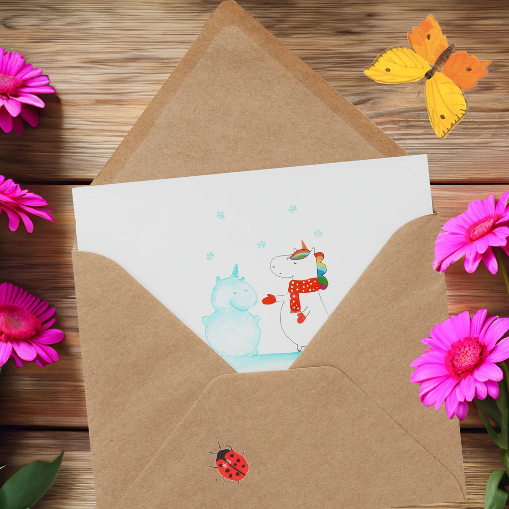 Deluxe Card unicorn snowman Glückwunschkarte, Klappkarte, Hochwertige Klappkarte, Hochwertige Grußkarte, Grußkarte, Karte, Hochzeitskarte, Geburtstagskarte, Einladungskarte, Einhorn, Einhörner, Einhorn Deko, Unicorn, Kuchen, X-Mas, Schnee, Handschuhe, Schneemann, Mütze, Weihnachten, kalt, Winter