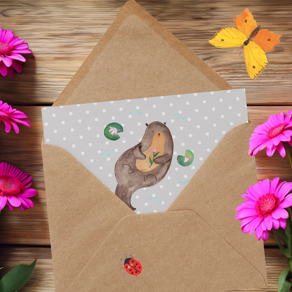 Deluxe Card otter Water Lily Hochwertige Klappkarte, Glückwunschkarte, Grußkarte, Hochwertige Grußkarte, Klappkarte, Einladungskarte, Karte, Hochzeitskarte, Geburtstagskarte, Otter, Fischotter, Seeotter, Otter Seeotter See Otter