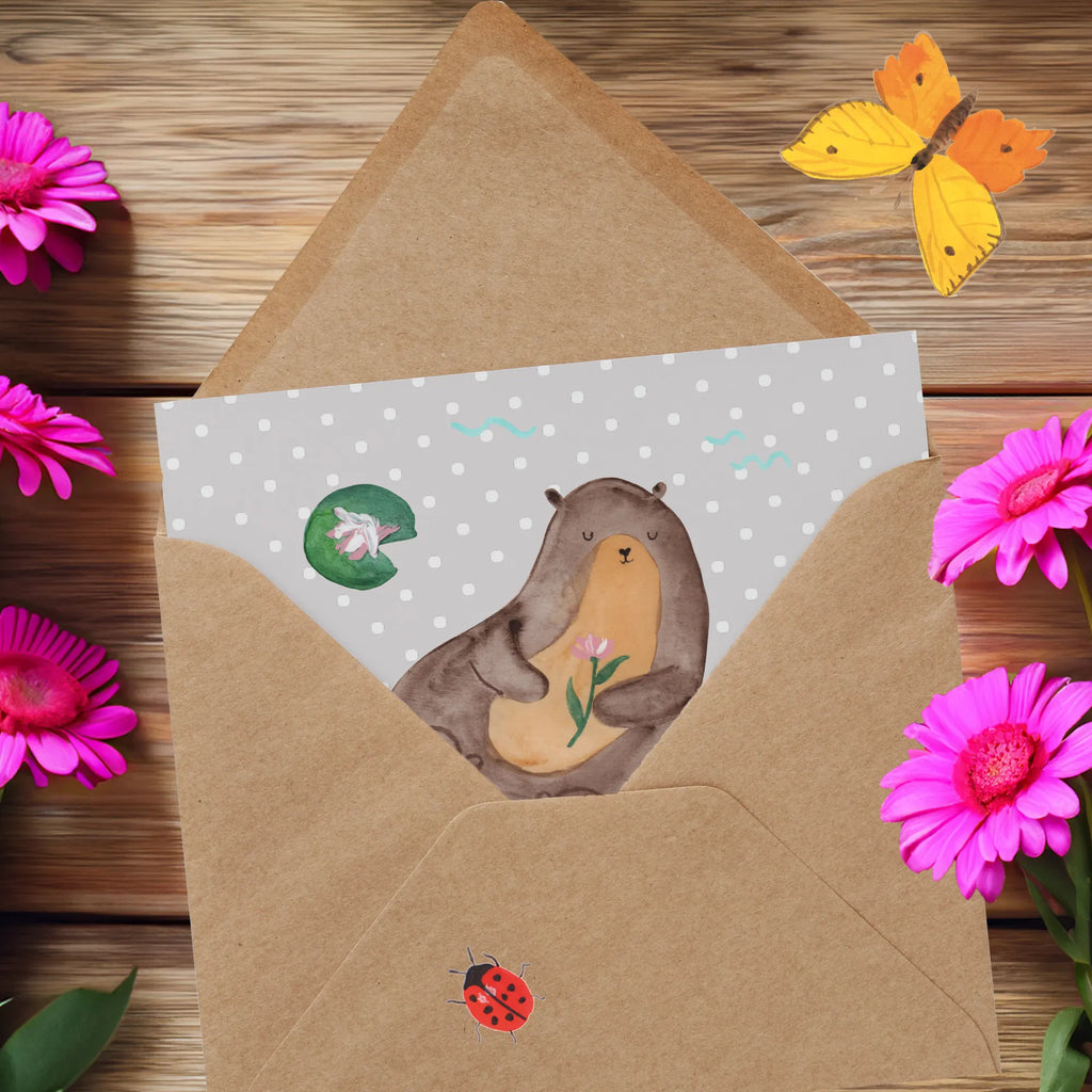 Deluxe Card otter Water Lily Hochwertige Klappkarte, Glückwunschkarte, Grußkarte, Hochwertige Grußkarte, Klappkarte, Einladungskarte, Karte, Hochzeitskarte, Geburtstagskarte, Otter, Fischotter, Seeotter, Otter Seeotter See Otter