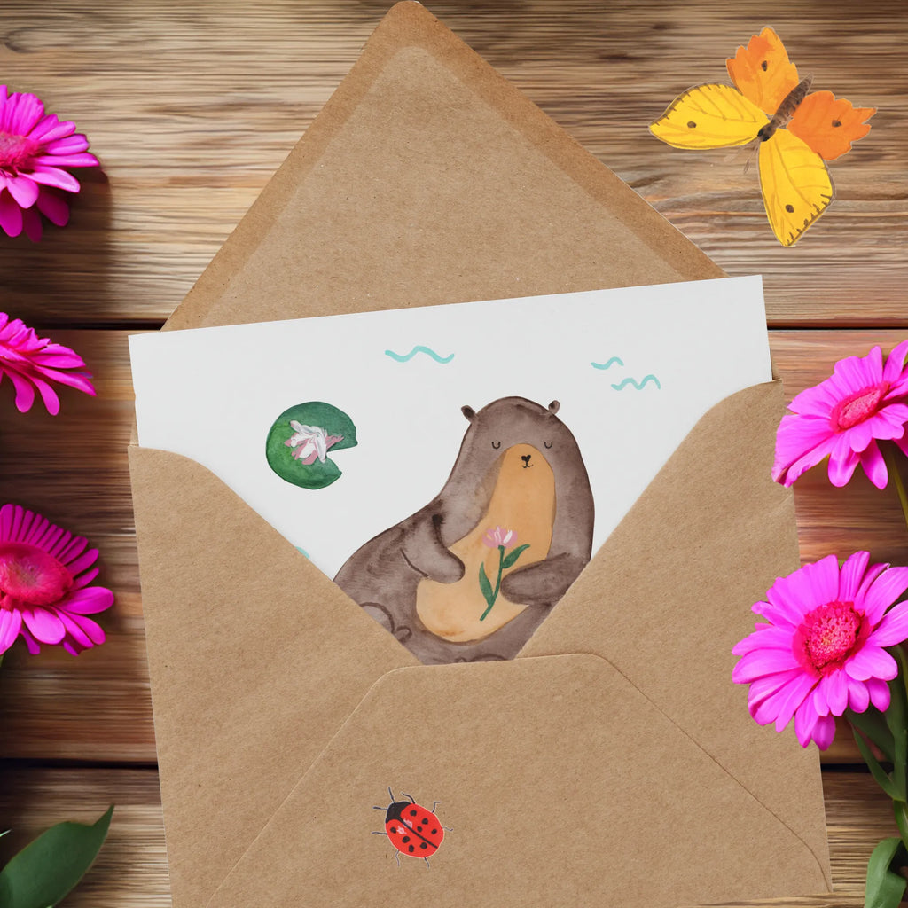 Deluxe Card otter Water Lily Hochwertige Klappkarte, Glückwunschkarte, Grußkarte, Hochwertige Grußkarte, Klappkarte, Einladungskarte, Karte, Hochzeitskarte, Geburtstagskarte, Otter, Fischotter, Seeotter, Otter Seeotter See Otter