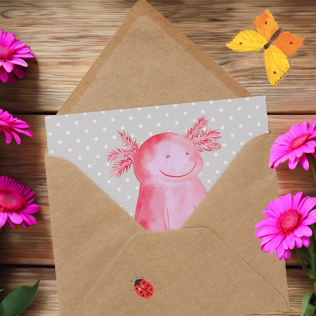 Deluxe Card axolotl Happy Einladungskarte, Glückwunschkarte, Karte, Klappkarte, Hochwertige Klappkarte, Grußkarte, Geburtstagskarte, Hochzeitskarte, Hochwertige Grußkarte, Axolotl, Molch, Axolot, Schwanzlurch, Motivation, Lurche, Lurch, gute Laune