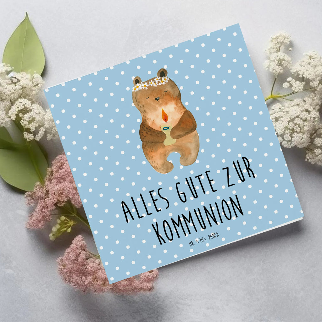 Deluxe Karte Bär Kommunion Geburtstagskarte, Hochwertige Klappkarte, Karte, Klappkarte, Hochzeitskarte, Einladungskarte, Grußkarte, Hochwertige Grußkarte, Glückwunschkarte, Bär, Teddy, Teddybär, katholisch, Kommunion, Taufkerze, Gottes Segen