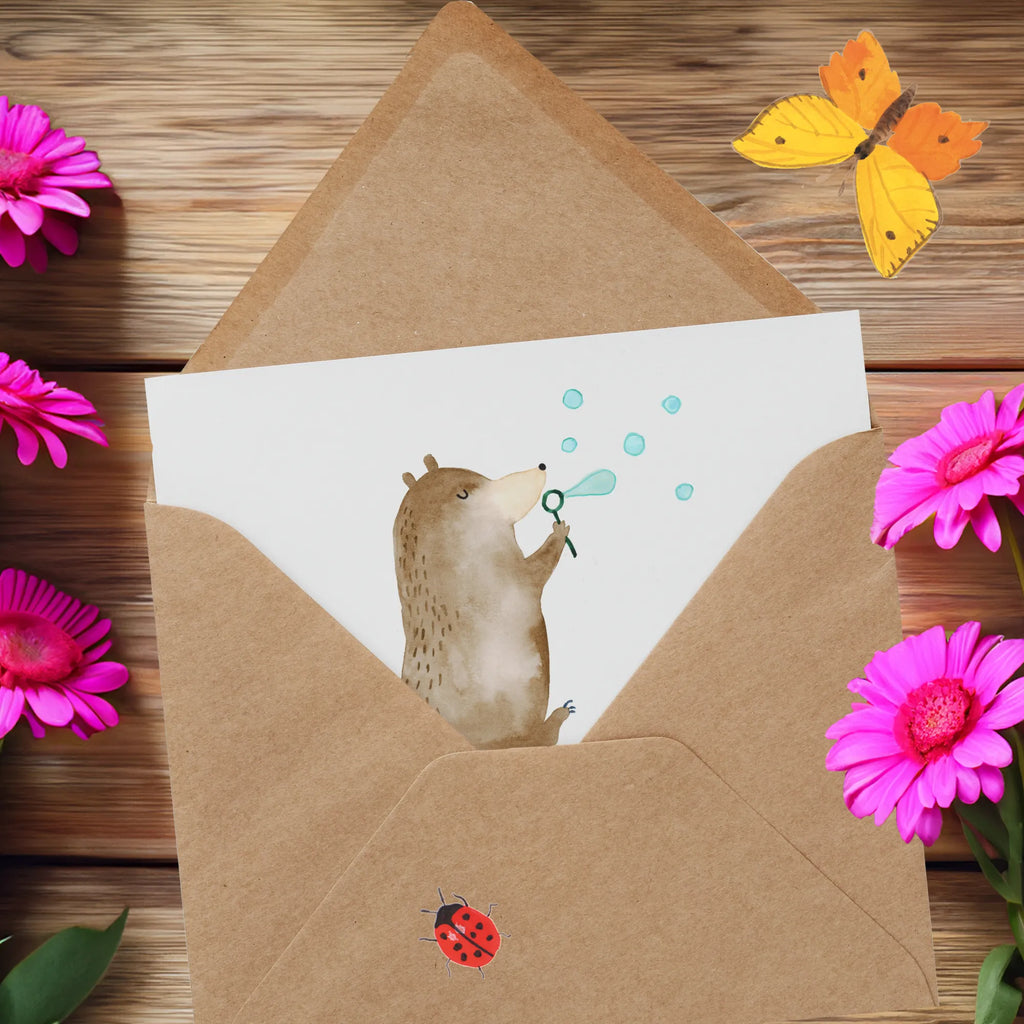 Deluxe Karte Bär Seifenblasen Klappkarte, Grußkarte, Einladungskarte, Hochwertige Klappkarte, Geburtstagskarte, Karte, Hochwertige Grußkarte, Hochzeitskarte, Glückwunschkarte, Bär, Teddy, Teddybär, Seifenblasen Bär Lustig Sein Glücklich Traurig Happy