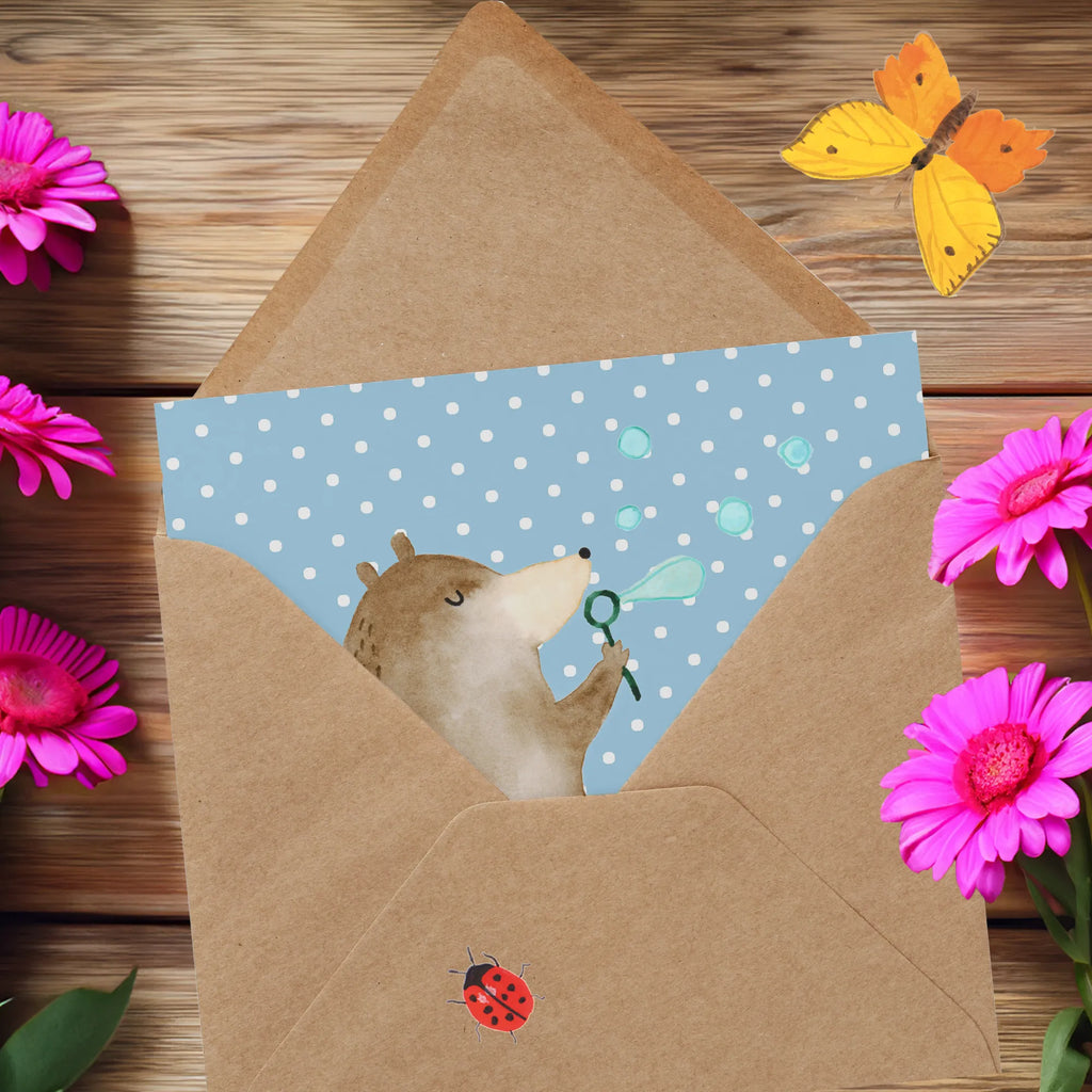 Deluxe Karte Bär Seifenblasen Klappkarte, Grußkarte, Einladungskarte, Hochwertige Klappkarte, Geburtstagskarte, Karte, Hochwertige Grußkarte, Hochzeitskarte, Glückwunschkarte, Bär, Teddy, Teddybär, Seifenblasen Bär Lustig Sein Glücklich Traurig Happy