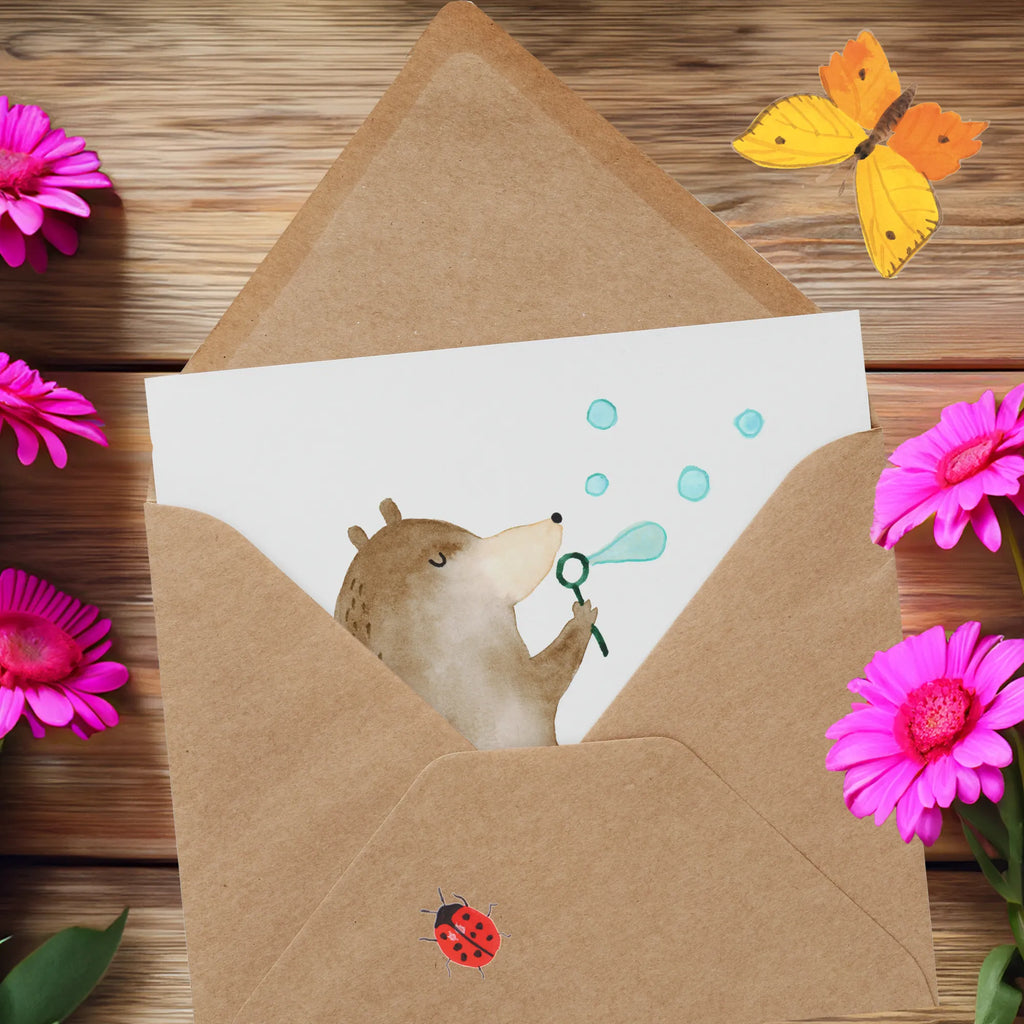 Deluxe Karte Bär Seifenblasen Klappkarte, Grußkarte, Einladungskarte, Hochwertige Klappkarte, Geburtstagskarte, Karte, Hochwertige Grußkarte, Hochzeitskarte, Glückwunschkarte, Bär, Teddy, Teddybär, Seifenblasen Bär Lustig Sein Glücklich Traurig Happy