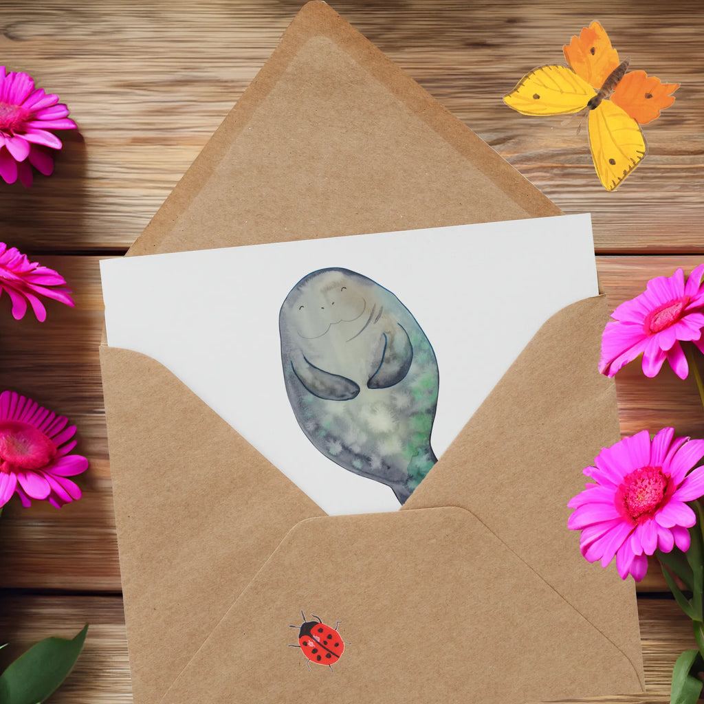 Deluxe Karte Seekuh Happy Hochwertige Grußkarte, Hochwertige Klappkarte, Grußkarte, Klappkarte, Glückwunschkarte, Karte, Einladungskarte, Hochzeitskarte, Geburtstagskarte, Meerestiere, Meer, Urlaub, Liebeskummer, Freundin, Seekühe, Selbstliebe, Neuanfang, Seekuh, Respekt, Neustart, Zufrieden, Achtsamkeit