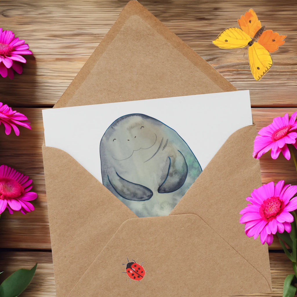 Deluxe Karte Seekuh Happy Hochwertige Grußkarte, Hochwertige Klappkarte, Grußkarte, Klappkarte, Glückwunschkarte, Karte, Einladungskarte, Hochzeitskarte, Geburtstagskarte, Meerestiere, Meer, Urlaub, Liebeskummer, Freundin, Seekühe, Selbstliebe, Neuanfang, Seekuh, Respekt, Neustart, Zufrieden, Achtsamkeit