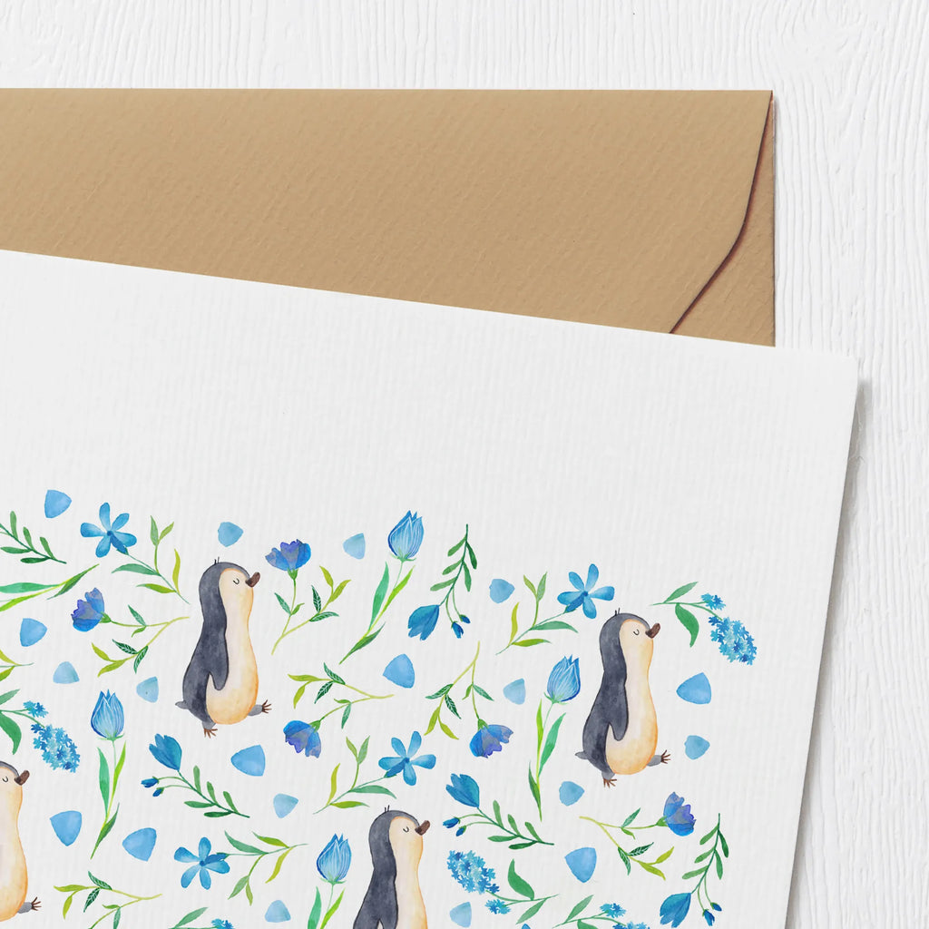 Deluxe Karte Pinguinliebe Design Hochwertige Klappkarte, Einladungskarte, Hochwertige Grußkarte, Karte, Geburtstagskarte, Hochzeitskarte, Grußkarte, Klappkarte, Glückwunschkarte, Blumen, Blaue Blumen, Muster, Aquarell, Pinguin, Pinguine