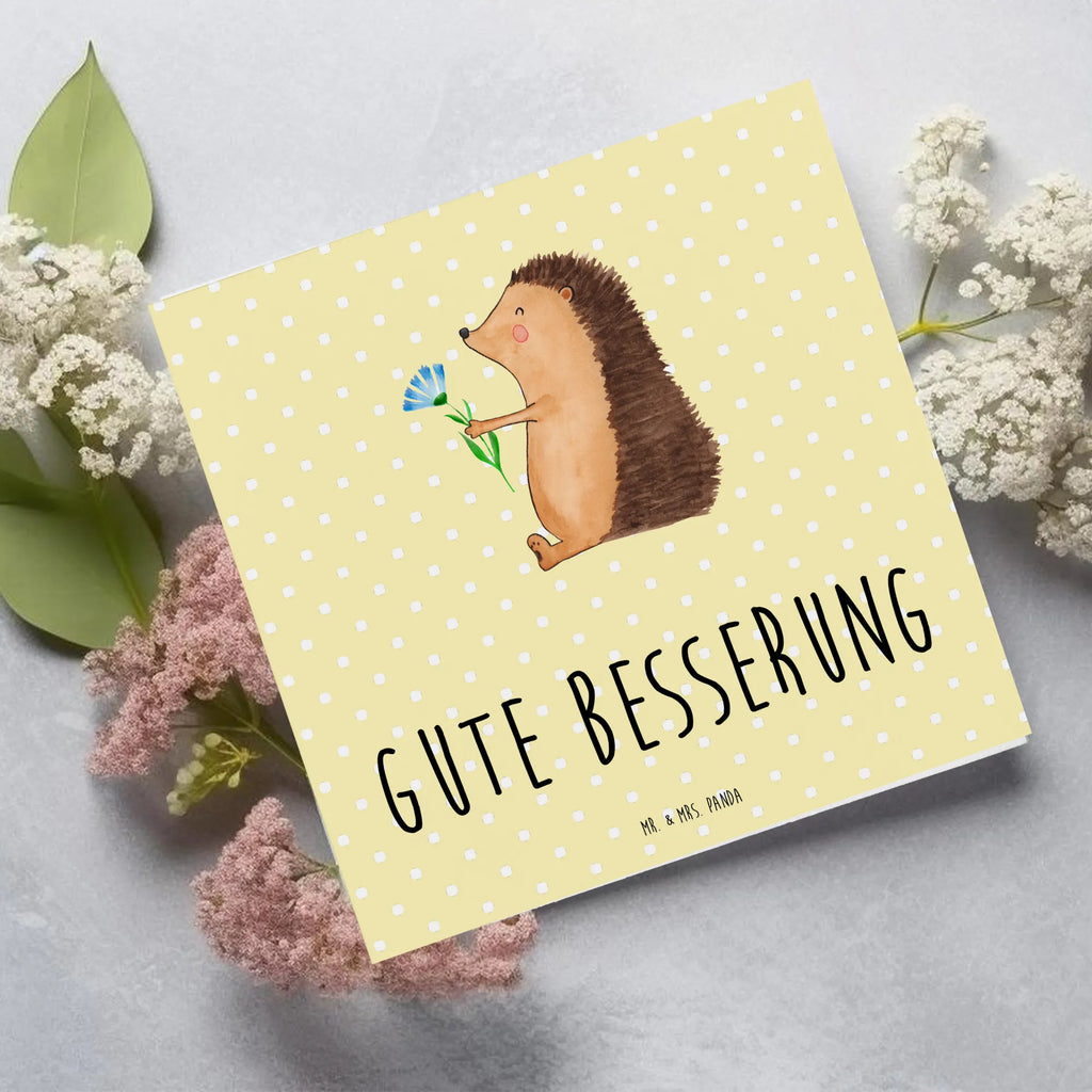 Deluxe Card Hedgehog Flower Glückwunschkarte, Grußkarte, Karte, Klappkarte, Hochwertige Klappkarte, Einladungskarte, Hochwertige Grußkarte, Geburtstagskarte, Hochzeitskarte, Tiermotive, Gute Laune, lustige Sprüche, Tiere, krank, Genesungswünsche, Gute Besserung, Besuch, Igel, Krankenhaus, Krankheit