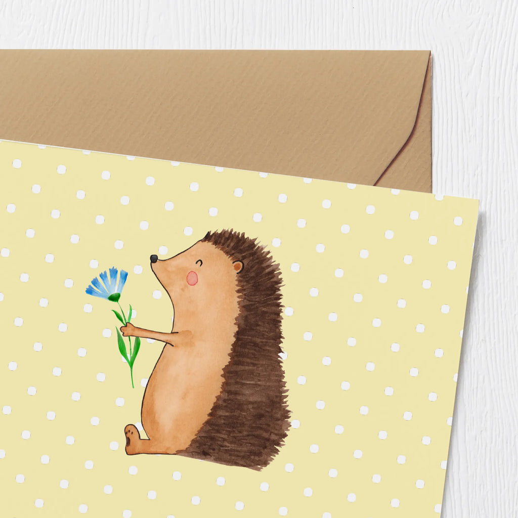 Deluxe Card Hedgehog Flower Glückwunschkarte, Grußkarte, Karte, Klappkarte, Hochwertige Klappkarte, Einladungskarte, Hochwertige Grußkarte, Geburtstagskarte, Hochzeitskarte, Tiermotive, Gute Laune, lustige Sprüche, Tiere, krank, Genesungswünsche, Gute Besserung, Besuch, Igel, Krankenhaus, Krankheit