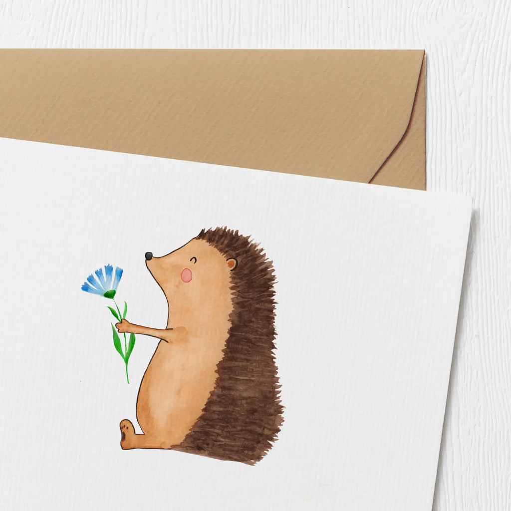 Deluxe Card Hedgehog Flower Glückwunschkarte, Grußkarte, Karte, Klappkarte, Hochwertige Klappkarte, Einladungskarte, Hochwertige Grußkarte, Geburtstagskarte, Hochzeitskarte, Tiermotive, Gute Laune, lustige Sprüche, Tiere, krank, Genesungswünsche, Gute Besserung, Besuch, Igel, Krankenhaus, Krankheit