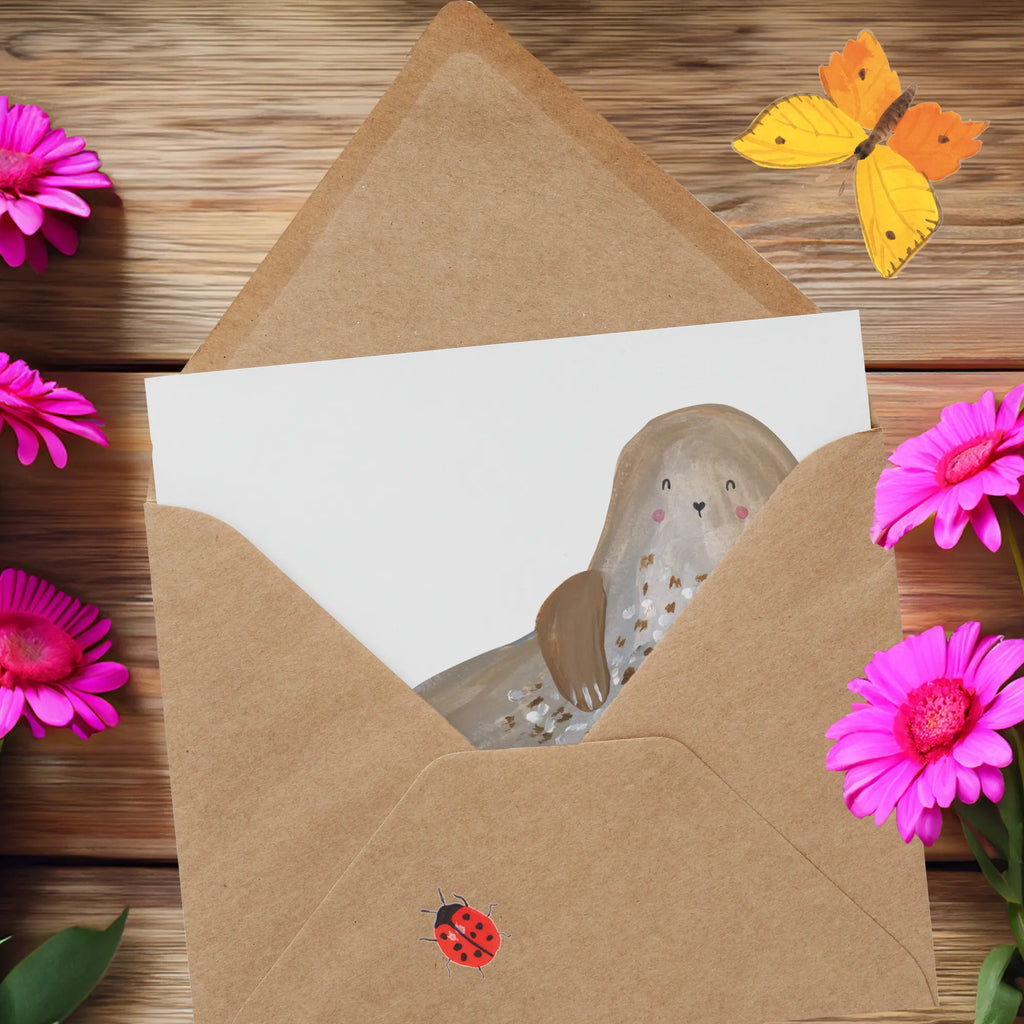 Deluxe Karte Robbe Lachen Grußkarte, Hochwertige Klappkarte, Einladungskarte, Karte, Geburtstagskarte, Glückwunschkarte, Klappkarte, Hochwertige Grußkarte, Hochzeitskarte, Tiermotive, Gute Laune, lustige Sprüche, Tiere, Meerestier, Robbe, Nordsee, Seehund, Robben, Ostsee, Strand