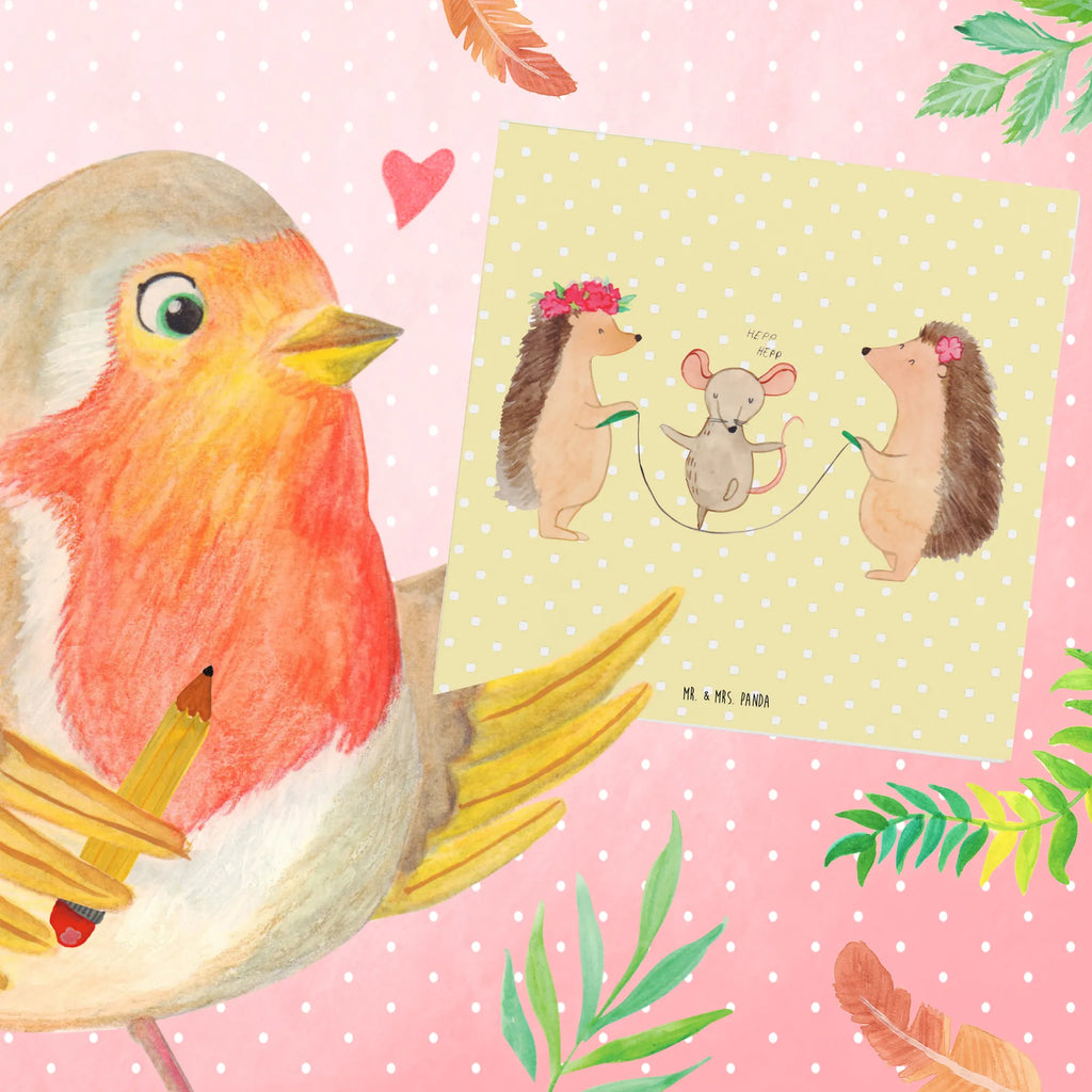 Deluxe Card Hedgehog skipping Grußkarte, Karte, Einladungskarte, Geburtstagskarte, Glückwunschkarte, Hochzeitskarte, Klappkarte, Hochwertige Klappkarte, Hochwertige Grußkarte, Tiermotive, Gute Laune, lustige Sprüche, Tiere, Igel, Seilhüpfen, Seilspringen, Maus, Kindergarten, Kinder