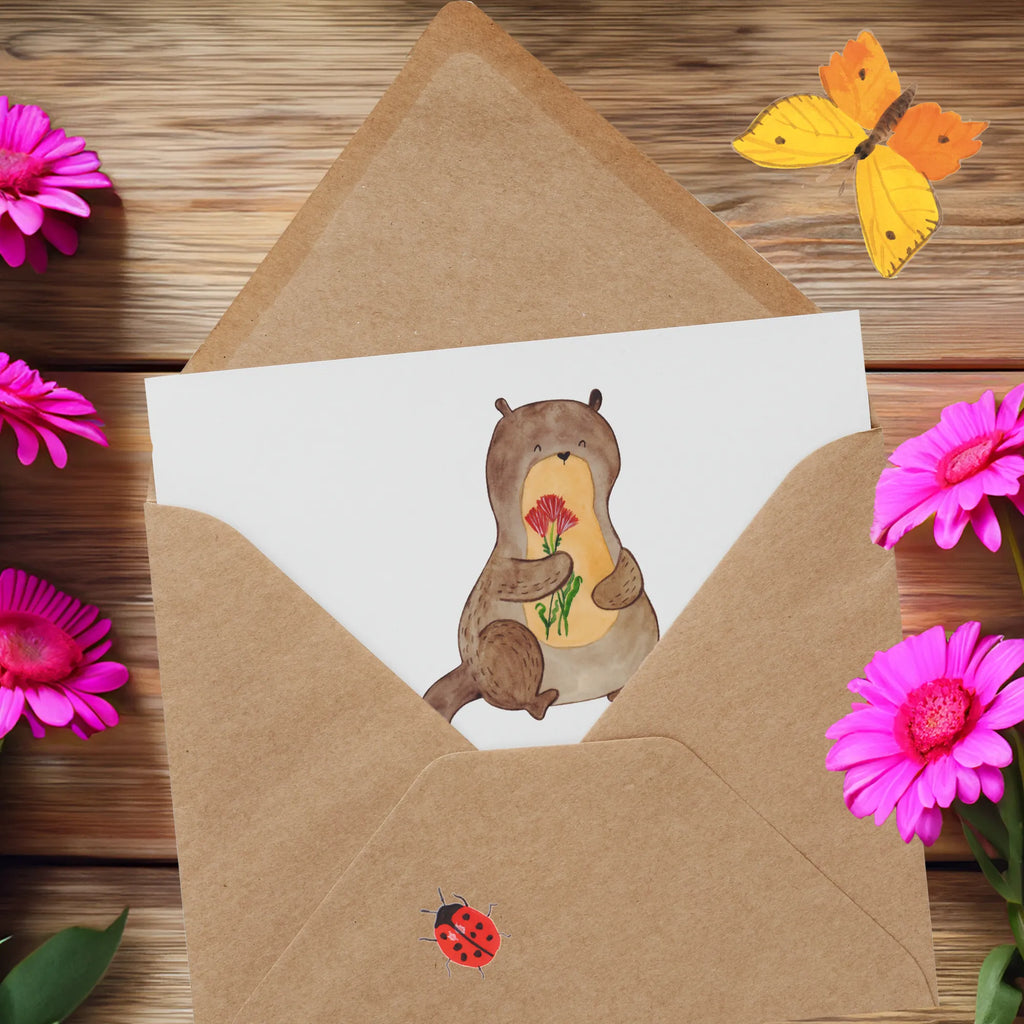 Deluxe Karte Otter Blumenstrauß Klappkarte, Hochwertige Klappkarte, Grußkarte, Einladungskarte, Karte, Geburtstagskarte, Glückwunschkarte, Hochzeitskarte, Hochwertige Grußkarte, Otter, Fischotter, Seeotter, Otter Seeotter See Otter