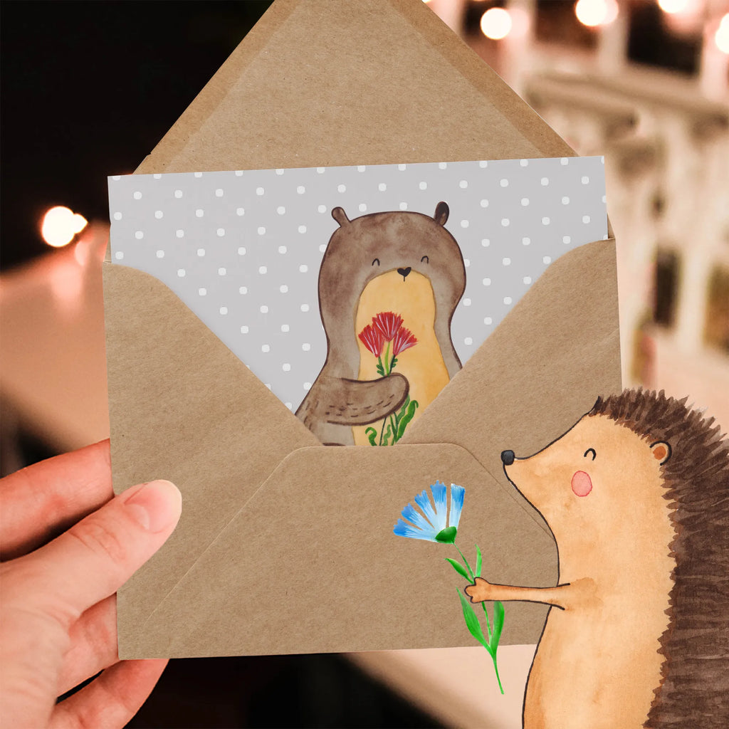 Deluxe Karte Otter Blumenstrauß Klappkarte, Hochwertige Klappkarte, Grußkarte, Einladungskarte, Karte, Geburtstagskarte, Glückwunschkarte, Hochzeitskarte, Hochwertige Grußkarte, Otter, Fischotter, Seeotter, Otter Seeotter See Otter