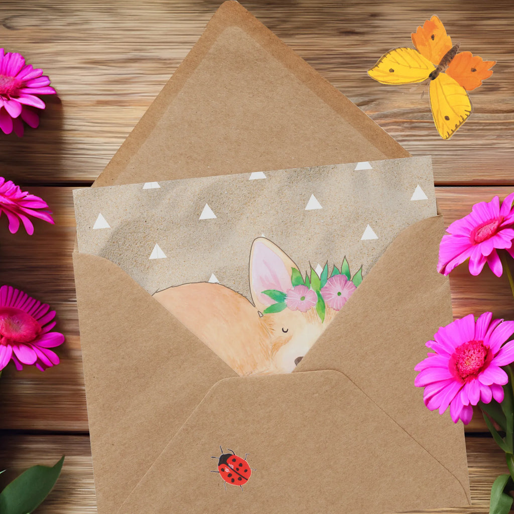 Deluxe Karte Wüstenfuchs Blumen Klappkarte, doppelkarte, Grußkarte, faltkarte, Glückwunschkarte, Afrika, Wildtiere, Blumen, Glücklich, Blumenkranz, Wüstenfuchs, Wüste