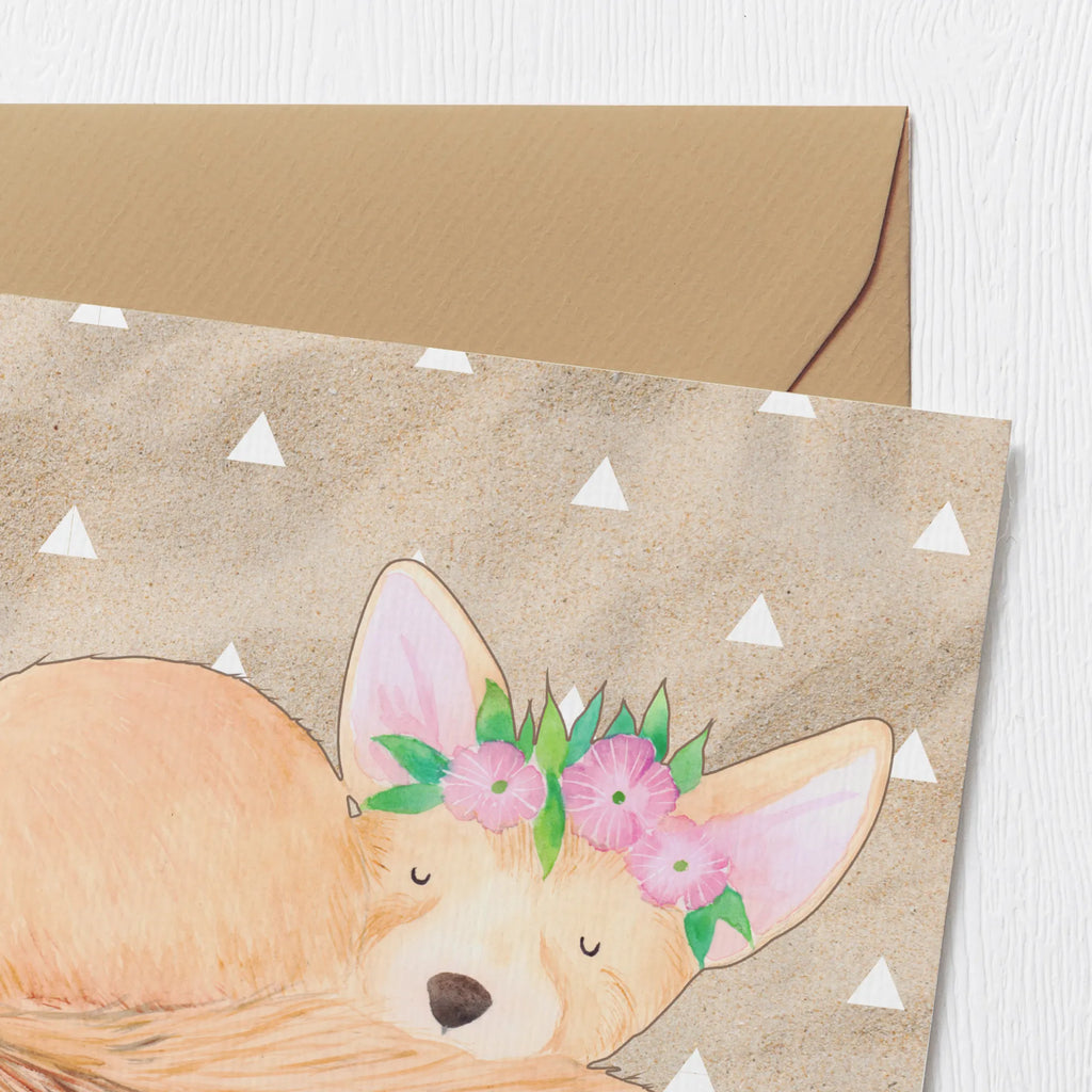 Deluxe Karte Wüstenfuchs Blumen Klappkarte, doppelkarte, Grußkarte, faltkarte, Glückwunschkarte, Afrika, Wildtiere, Blumen, Glücklich, Blumenkranz, Wüstenfuchs, Wüste