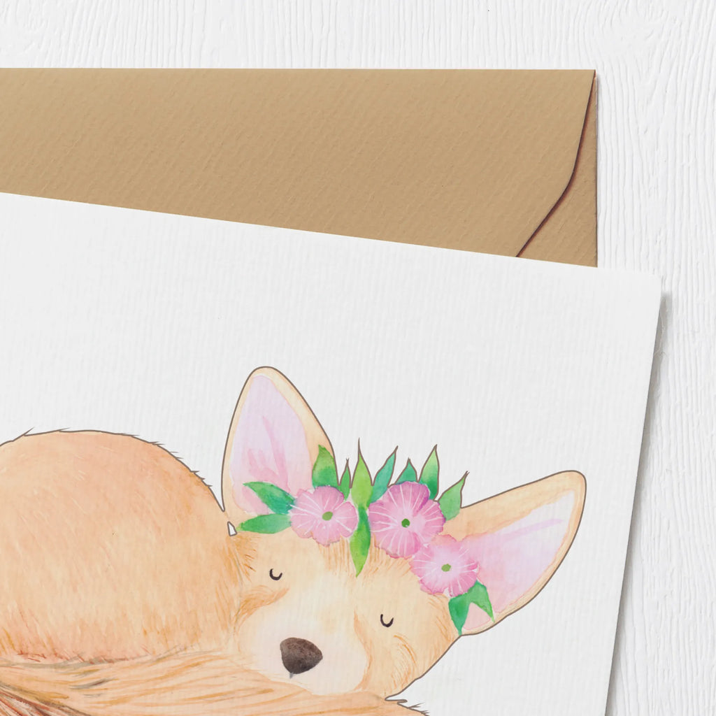 Deluxe Karte Wüstenfuchs Blumen Klappkarte, doppelkarte, Grußkarte, faltkarte, Glückwunschkarte, Afrika, Wildtiere, Blumen, Glücklich, Blumenkranz, Wüstenfuchs, Wüste