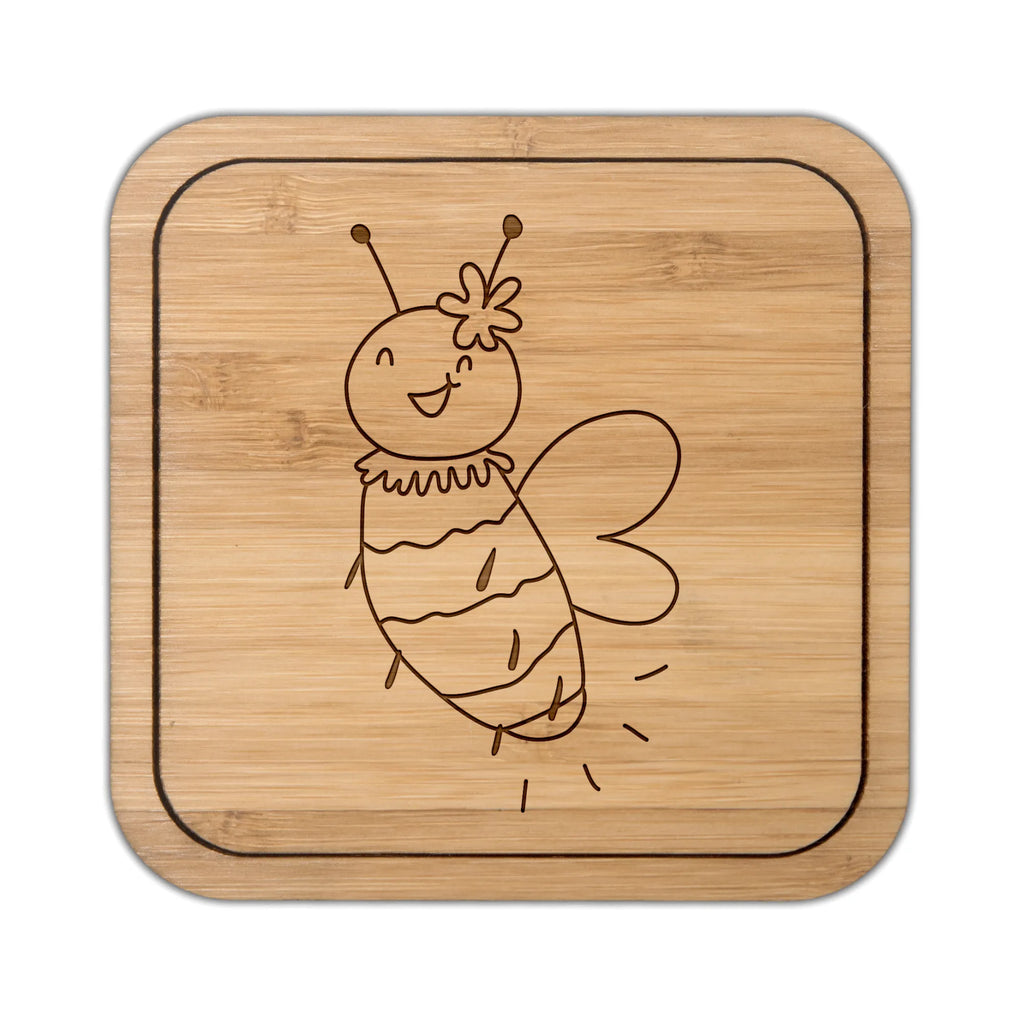 Square coaster bee flower wood, square, glass, breakfast, coasters, presents, gift, glasses, glass coasters, gifts, party, set, giveaways, Bee, wasp, bumblebee