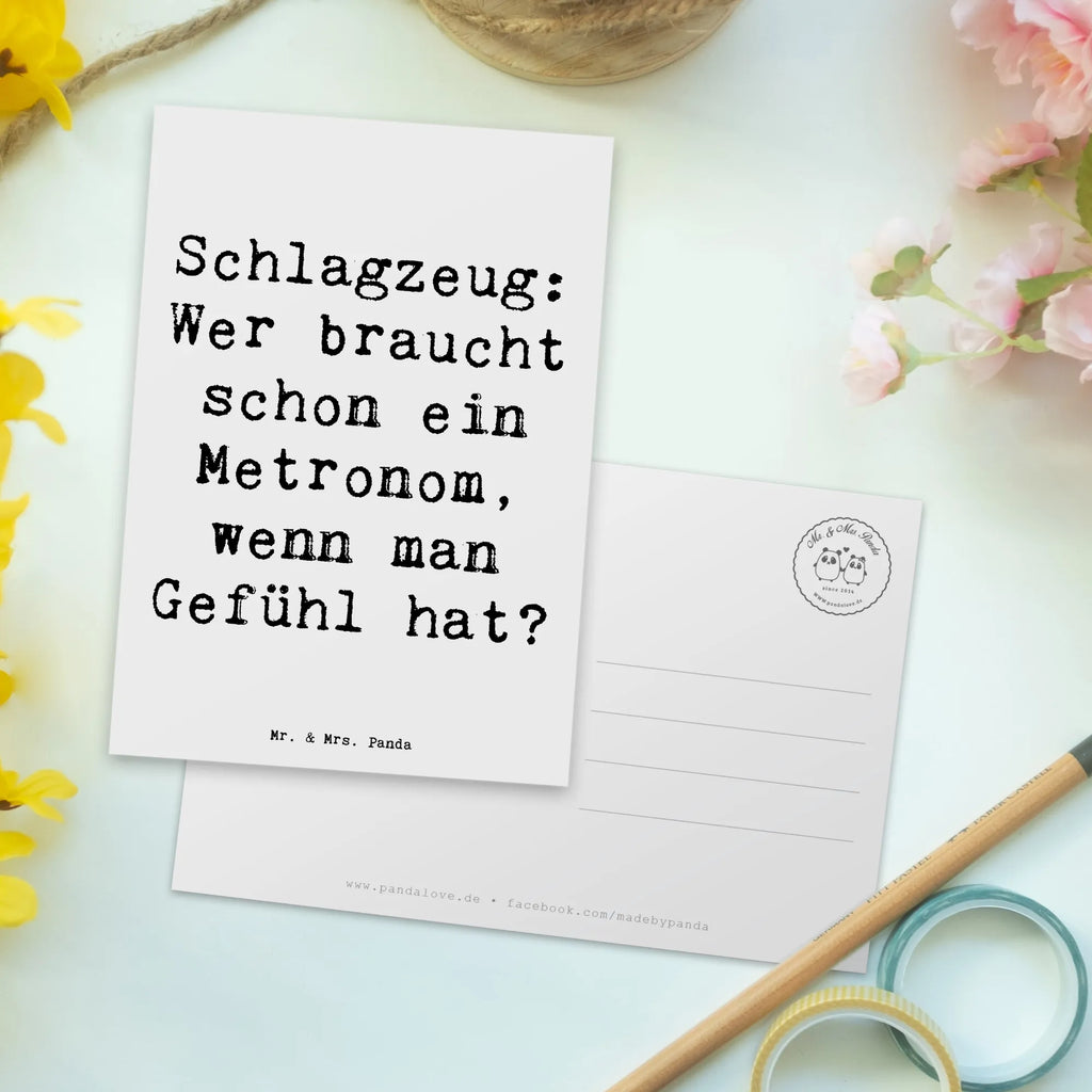 Postcard Saying Schlagzeug: Wer braucht schon ein Metronom, wenn man Gefühl hat? Dankeskarte, Geschenkkarte, Grußkarte, Ansichtskarten, Einladungskarte, Ansichtskarte, Karte, Einladung, Einladungskarten Geburtstag, Einladung Geburtstag, Postkarte, Geburtstagskarte, Instrumente, Geschenke Musiker, Musikliebhaber