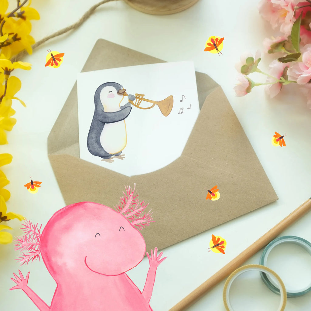 Greetings card Trompeter: Wir blasen nicht nur heiße Luft! Geburtstagskarte, Ansichtskarten, Grußkarte, Hochzeitskarte, Einladungskarte, Glückwunschkarte, Karte, Klappkarte, Instrumente, Geschenke Musiker, Musikliebhaber