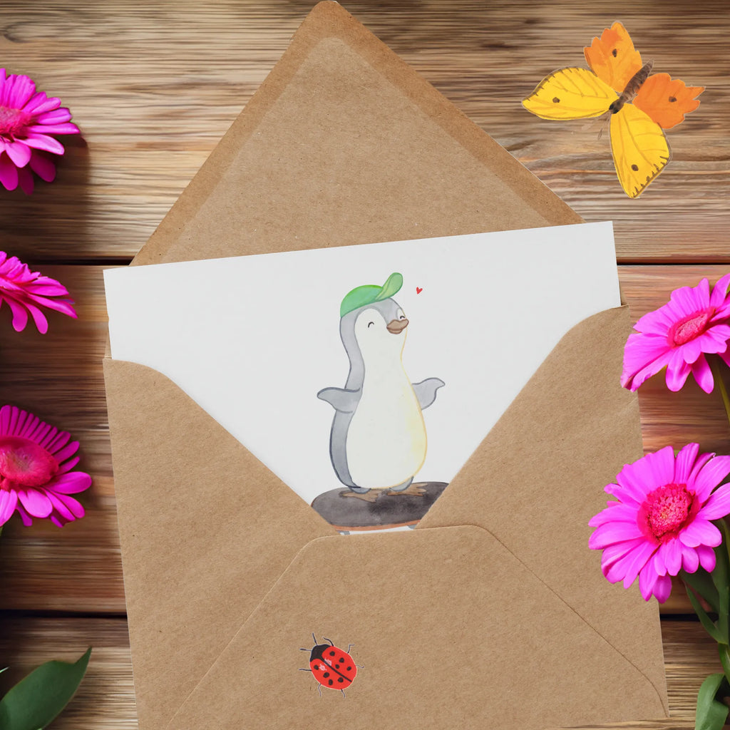 Deluxe Karte Pinguin Skateboarden Hochzeitskarte, Hochwertige Klappkarte, Hochwertige Grußkarte, Karte, Klappkarte, Glückwunschkarte, Grußkarte, Geburtstagskarte, Einladungskarte, Geschenk, Sport, Sportart, Hobby, Schenken, Danke, Dankeschön, Auszeichnung, Gewinn, Sportler, Skateplatz, Skateboard, Skateboarden, Skaten, Skateboard fahren