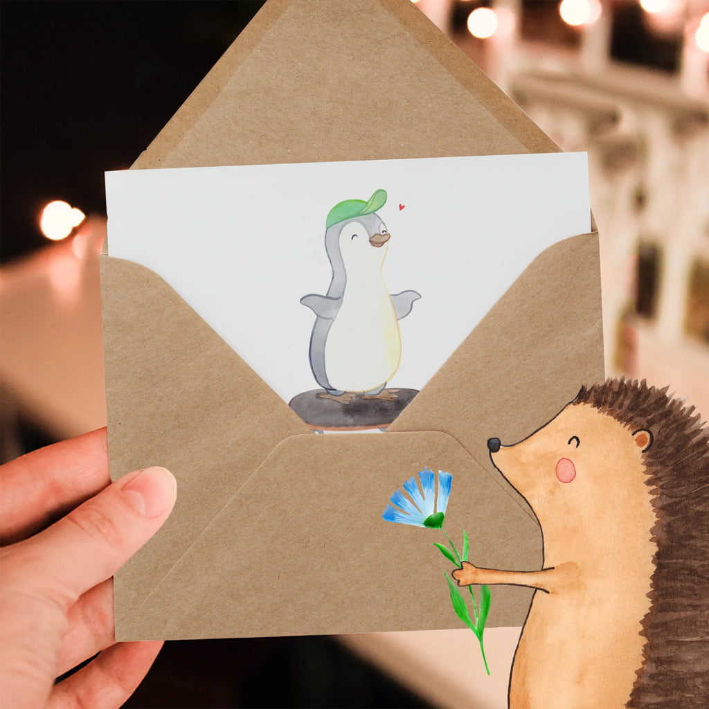 Deluxe Karte Pinguin Skateboarden Hochzeitskarte, Hochwertige Klappkarte, Hochwertige Grußkarte, Karte, Klappkarte, Glückwunschkarte, Grußkarte, Geburtstagskarte, Einladungskarte, Geschenk, Sport, Sportart, Hobby, Schenken, Danke, Dankeschön, Auszeichnung, Gewinn, Sportler, Skateplatz, Skateboard, Skateboarden, Skaten, Skateboard fahren