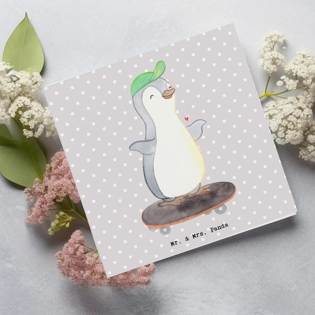 Deluxe Karte Pinguin Skateboarden Hochzeitskarte, Hochwertige Klappkarte, Hochwertige Grußkarte, Karte, Klappkarte, Glückwunschkarte, Grußkarte, Geburtstagskarte, Einladungskarte, Geschenk, Sport, Sportart, Hobby, Schenken, Danke, Dankeschön, Auszeichnung, Gewinn, Sportler, Skateplatz, Skateboard, Skateboarden, Skaten, Skateboard fahren