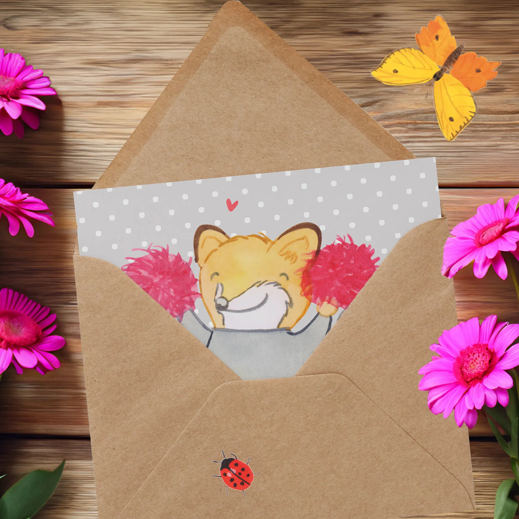 Deluxe Karte Fuchs Cheerleader Grußkarte, Karte, Hochwertige Klappkarte, Einladungskarte, Geburtstagskarte, Klappkarte, Glückwunschkarte, Hochwertige Grußkarte, Hochzeitskarte, Geschenk, Sport, Sportart, Hobby, Schenken, Danke, Dankeschön, Auszeichnung, Gewinn, Sportler, Cheerleader, Cheerleading, Turniere, Turnen, Turn Club