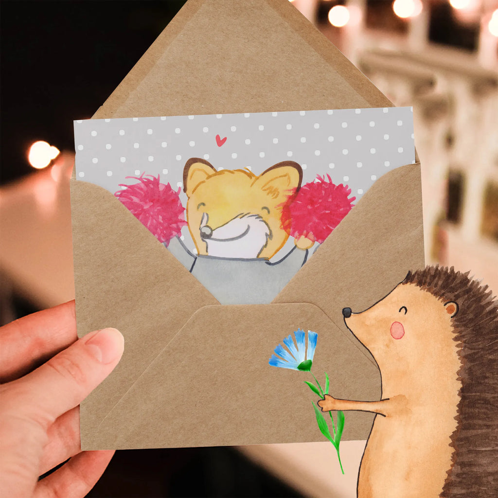 Deluxe Karte Fuchs Cheerleader Grußkarte, Karte, Hochwertige Klappkarte, Einladungskarte, Geburtstagskarte, Klappkarte, Glückwunschkarte, Hochwertige Grußkarte, Hochzeitskarte, Geschenk, Sport, Sportart, Hobby, Schenken, Danke, Dankeschön, Auszeichnung, Gewinn, Sportler, Cheerleader, Cheerleading, Turniere, Turnen, Turn Club