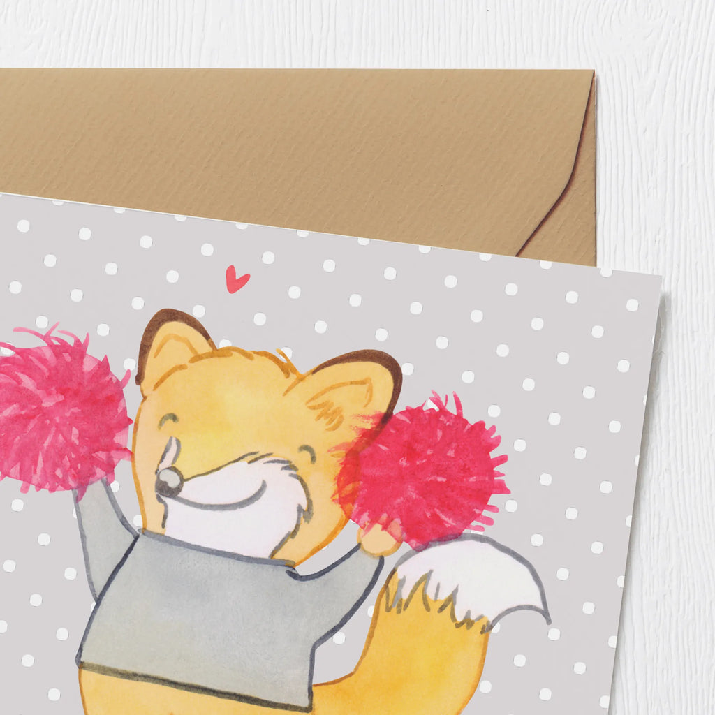 Deluxe Karte Fuchs Cheerleader Grußkarte, Karte, Hochwertige Klappkarte, Einladungskarte, Geburtstagskarte, Klappkarte, Glückwunschkarte, Hochwertige Grußkarte, Hochzeitskarte, Geschenk, Sport, Sportart, Hobby, Schenken, Danke, Dankeschön, Auszeichnung, Gewinn, Sportler, Cheerleader, Cheerleading, Turniere, Turnen, Turn Club